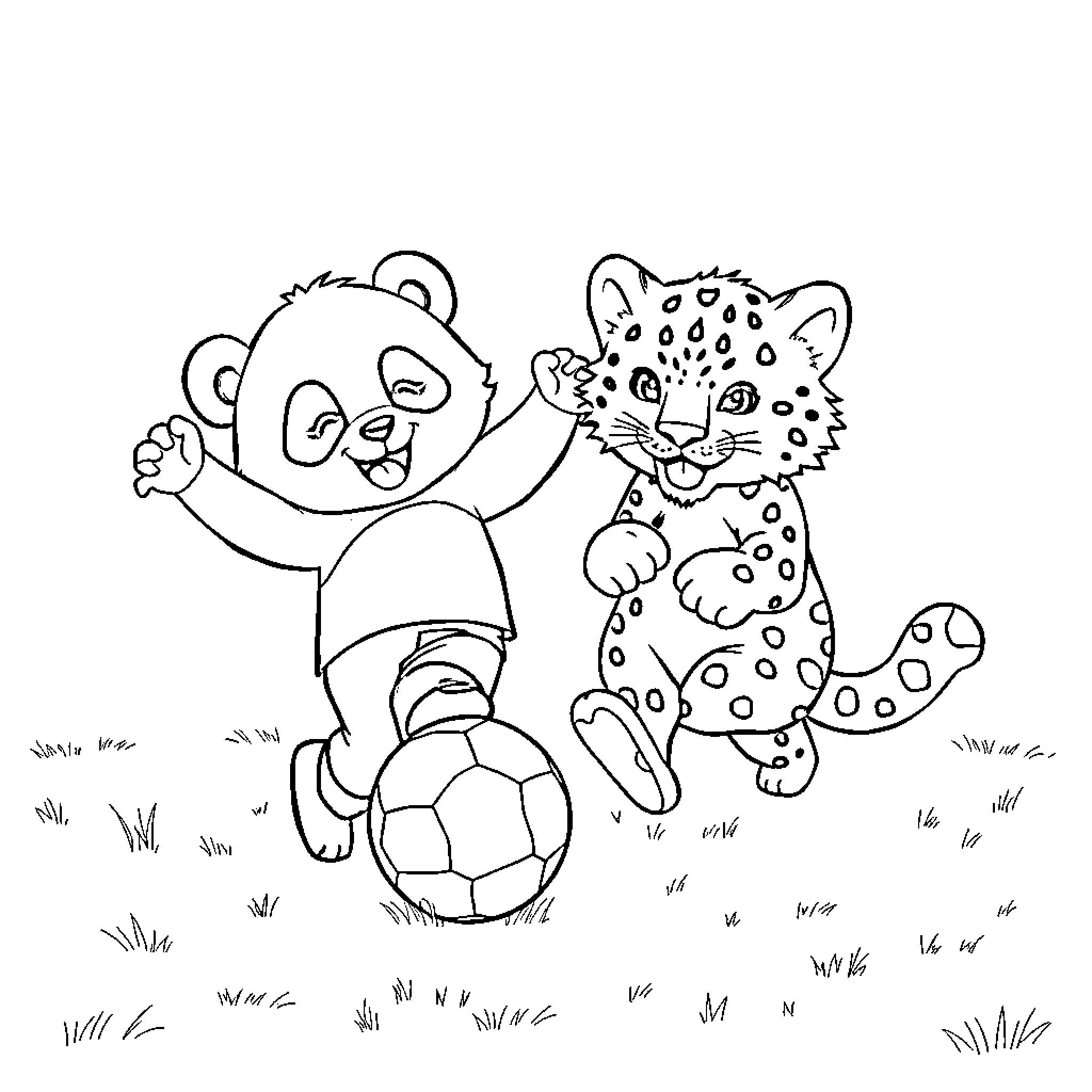 Panda and Leopard Playing Soccer Together Coloring Page (free black-and-white line drawing printable PDF for all, from beginners to advanced learners, including children, teens, adults, and seniors)