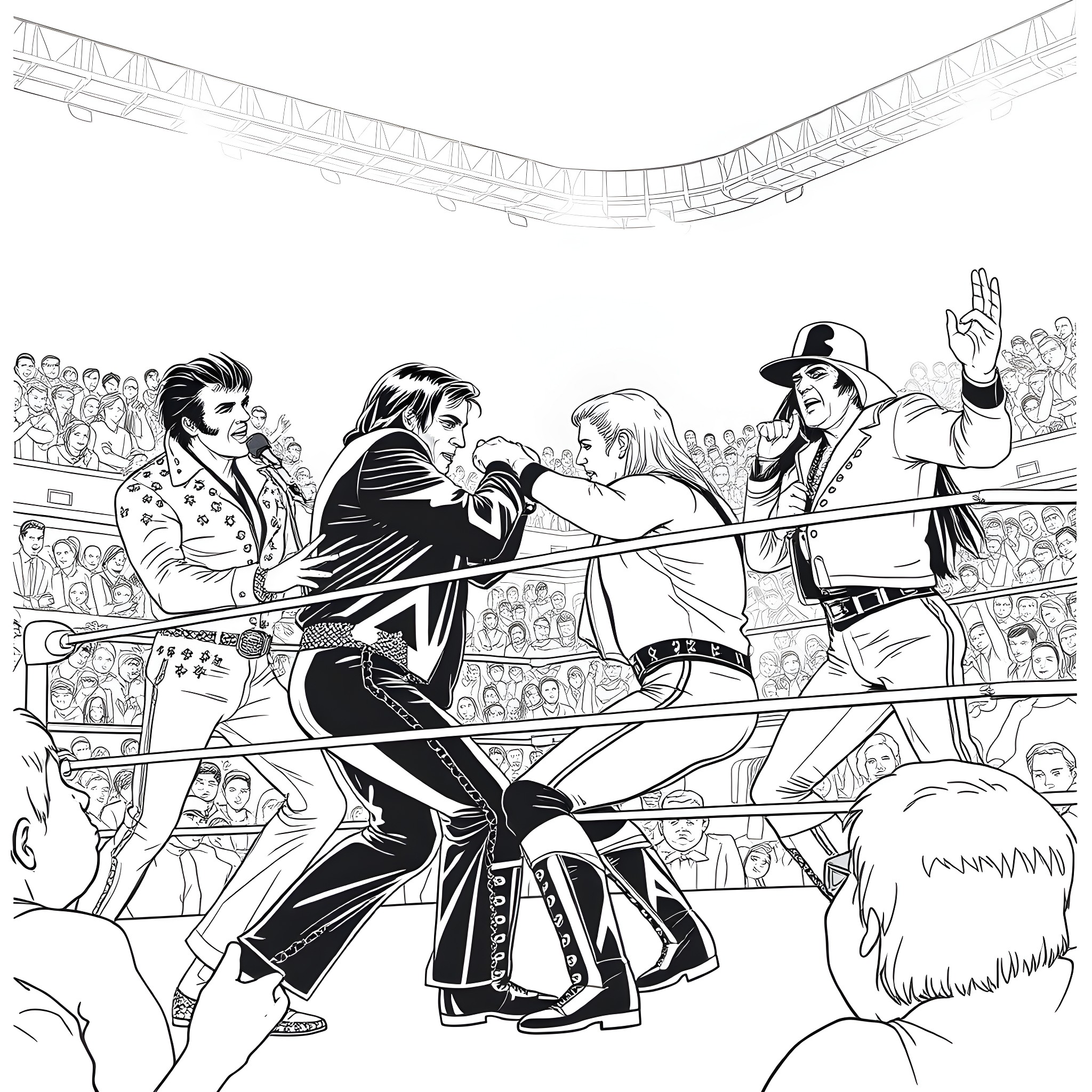 Wrestling Performers Engaged in Dramatic Action on Stage Coloring Page (free black-and-white line drawing printable PDF for all, from beginners to advanced learners, including children, teens, adults, and seniors)