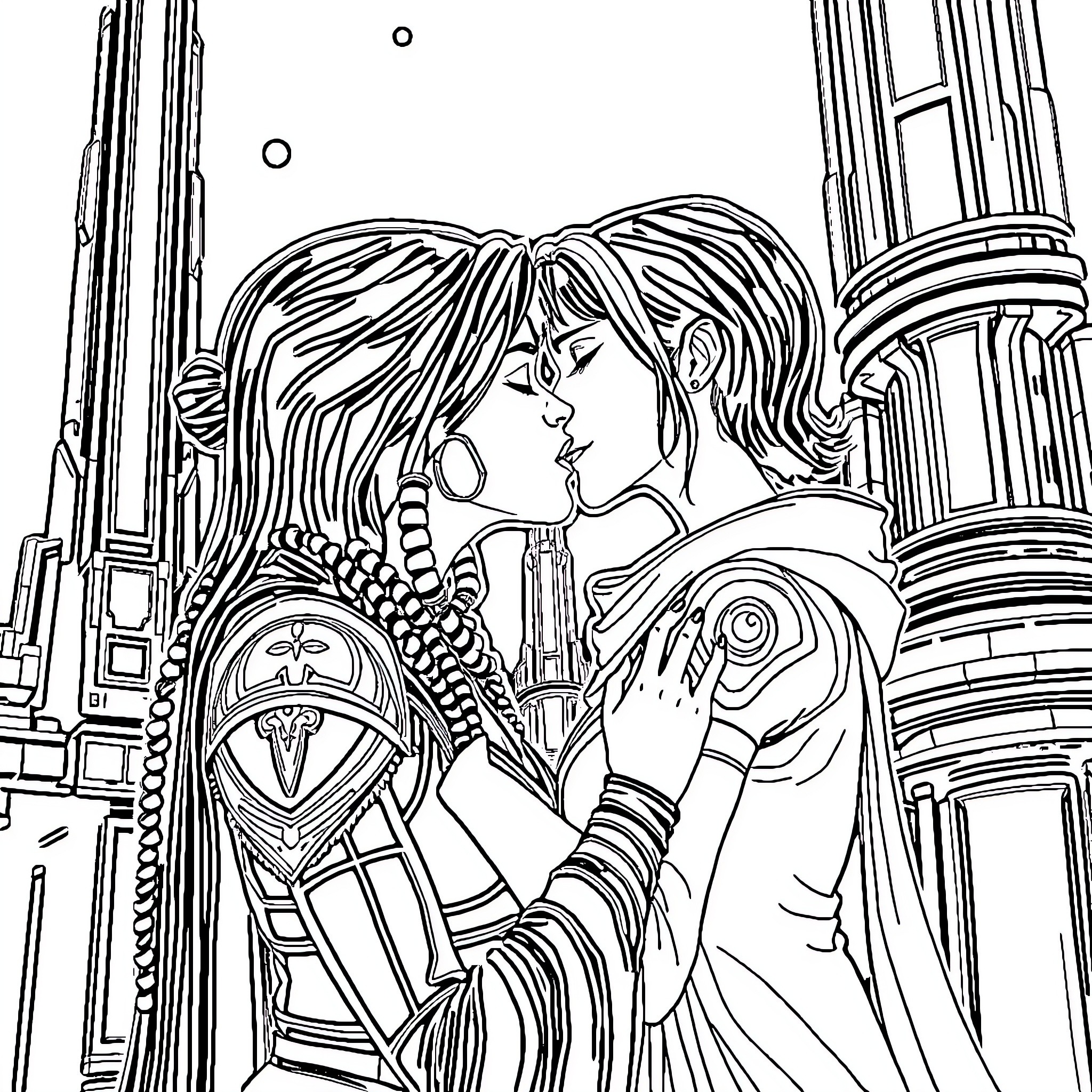 Liara T'soni sharing a tender moment with her partner Coloring Page (free black-and-white line drawing printable PDF for all, from beginners to advanced learners, including children, teens, adults, and seniors)
