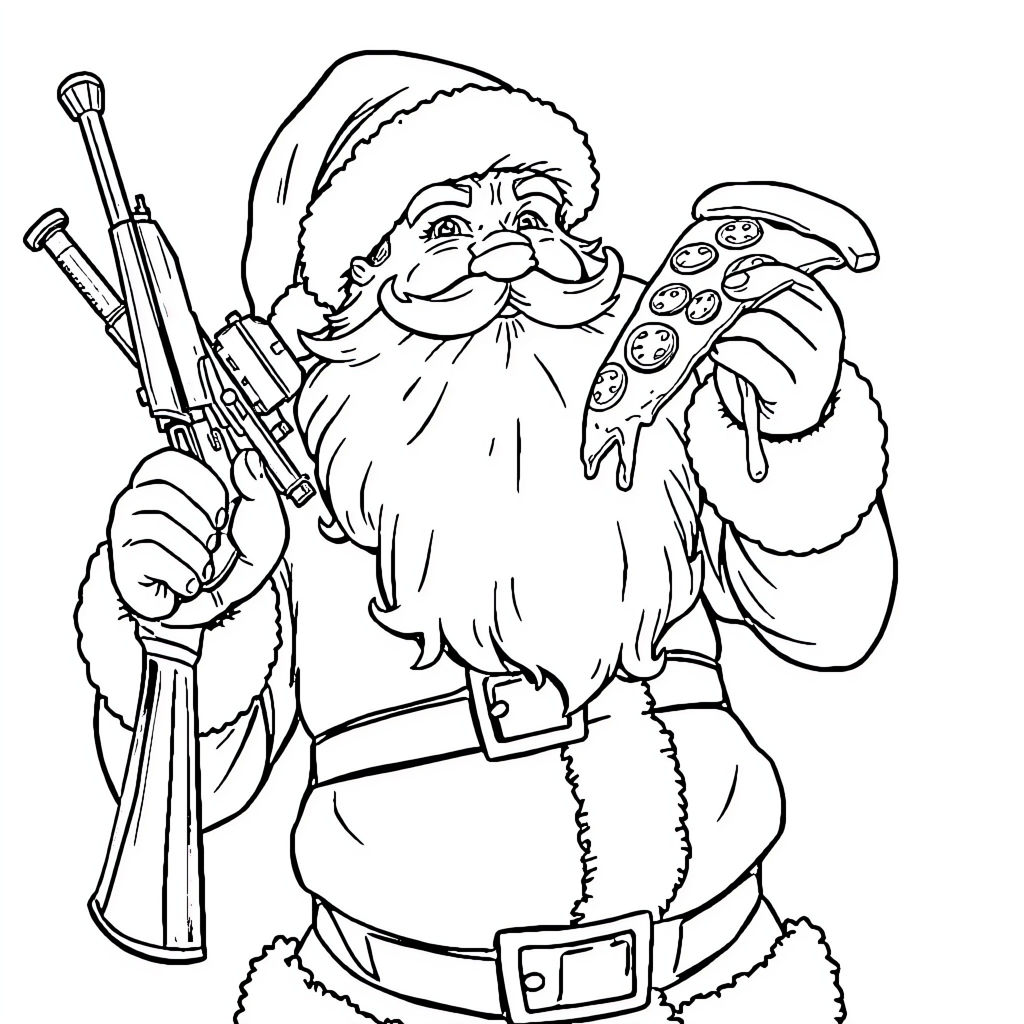 Santa playing video games with a gun Coloring Page (free black-and-white line drawing printable PDF for all, from beginners to advanced learners, including children, teens, adults, and seniors)