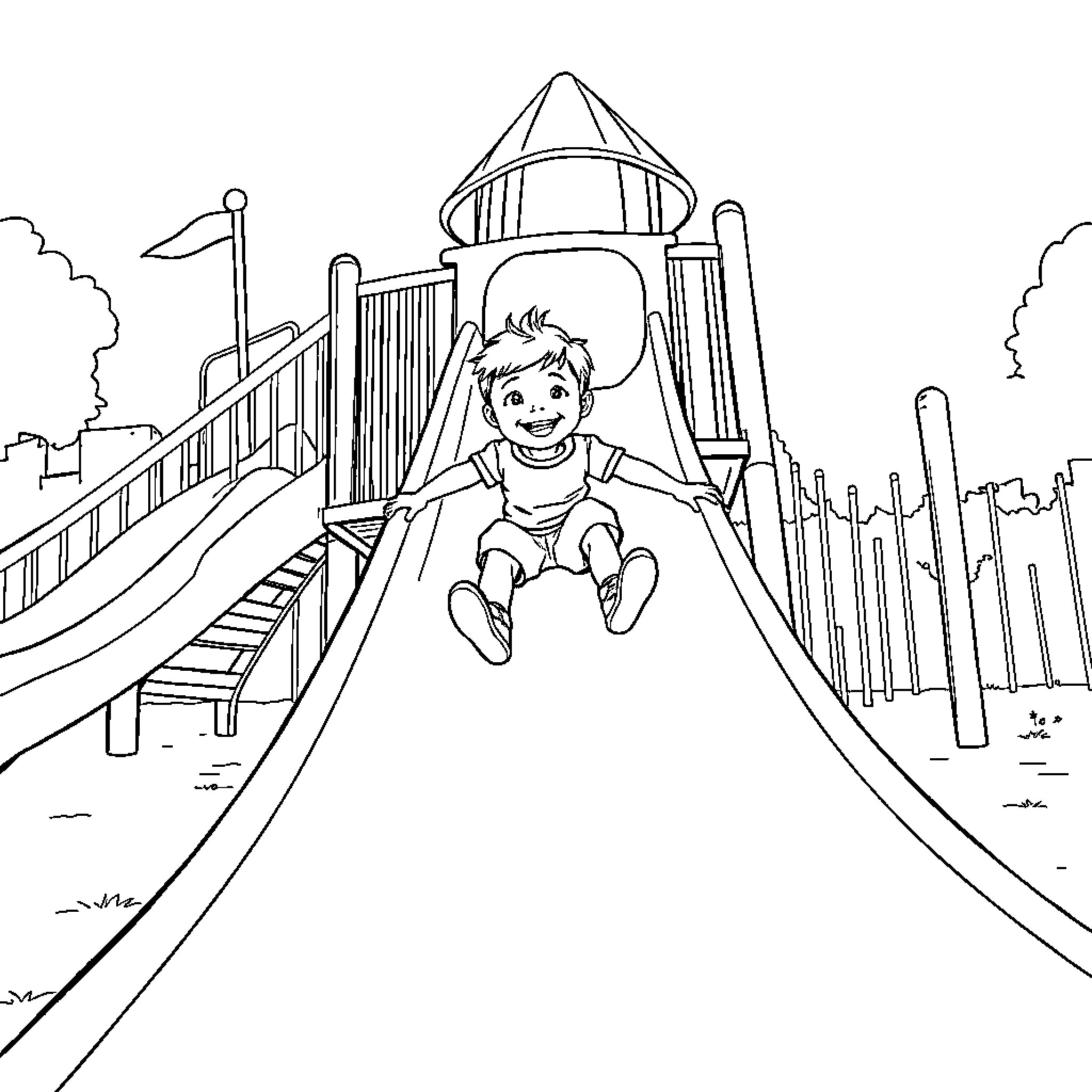 Boy sliding down the playground slide Coloring Page (free black-and-white line drawing printable PDF for all, from beginners to advanced learners, including children, teens, adults, and seniors)
