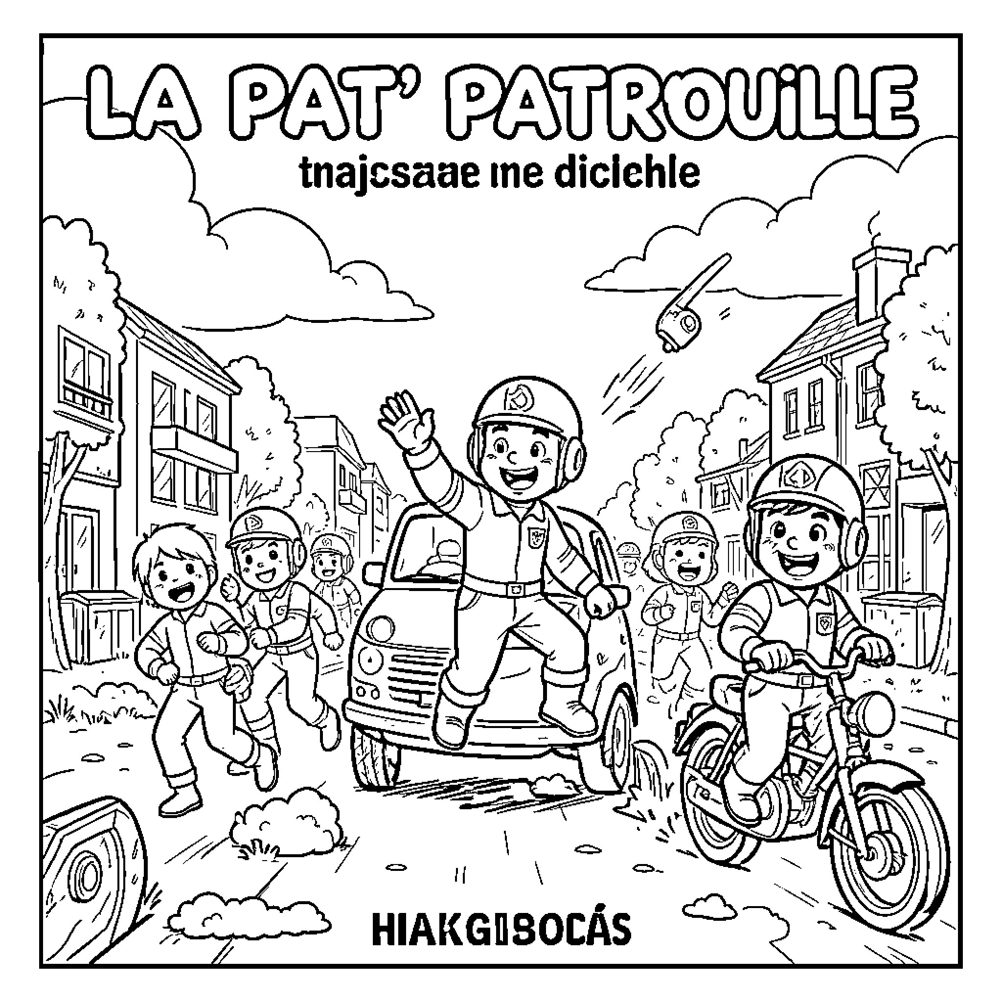 Paw Patrol characters in action on the street Coloring Page (free black-and-white line drawing printable PDF for all, from beginners to advanced learners, including children, teens, adults, and seniors)