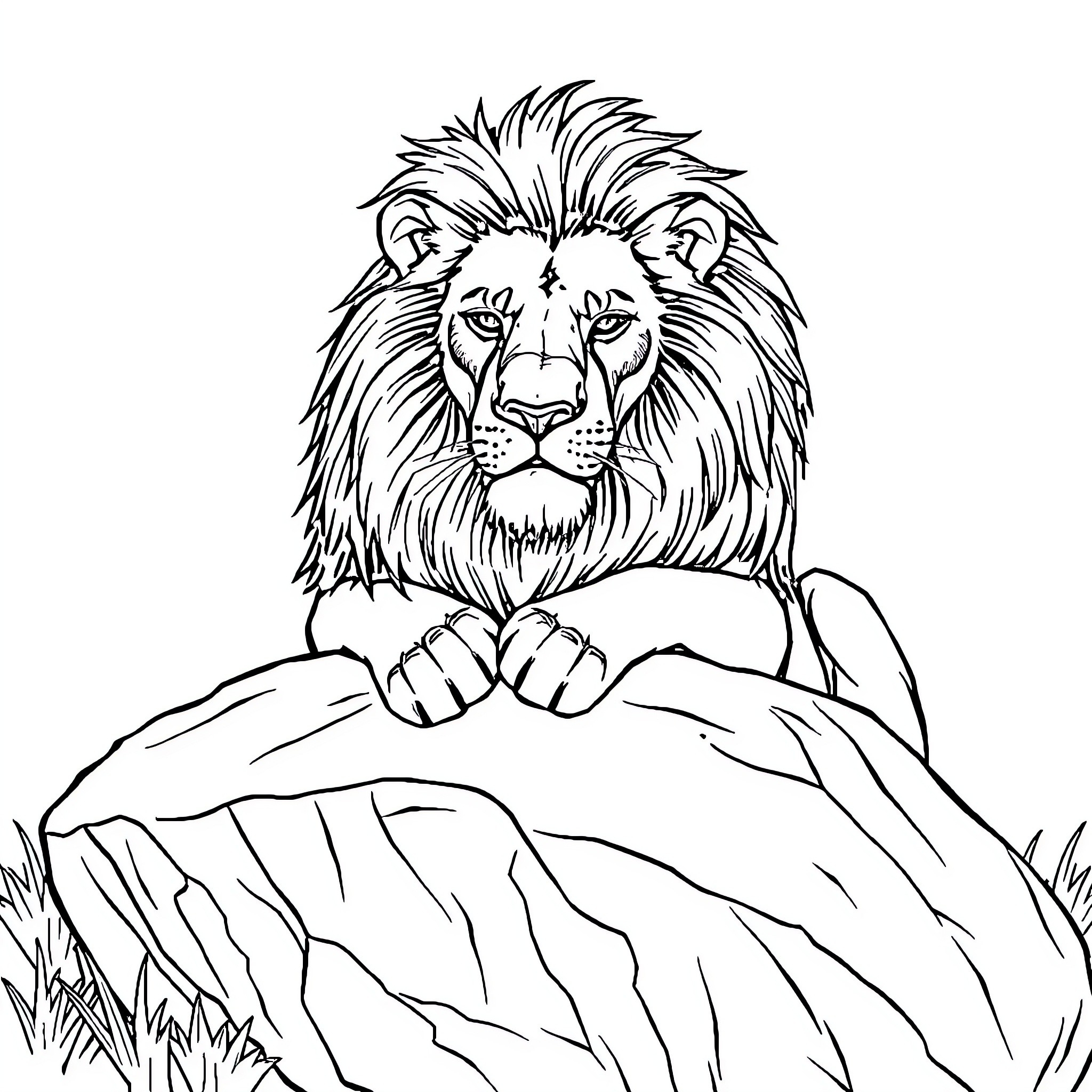 Lion Resting Majestically on Rocky Terrain Coloring Page (free black-and-white line drawing printable PDF for all, from beginners to advanced learners, including children, teens, adults, and seniors)
