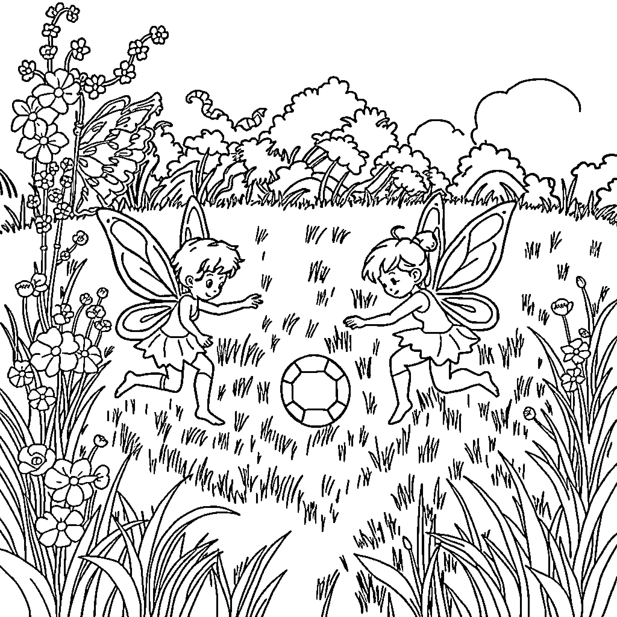 Fairy Creatures Playing in the Enchanted Garden Coloring Page (free black-and-white line drawing printable PDF for all, from beginners to advanced learners, including children, teens, adults, and seniors)