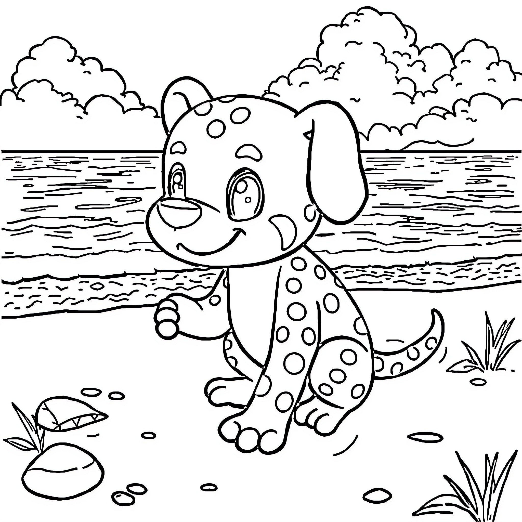 Labubu the Spotted Puppy Exploring the Beach Coloring Page (free black-and-white line drawing printable PDF for all, from beginners to advanced learners, including children, teens, adults, and seniors)