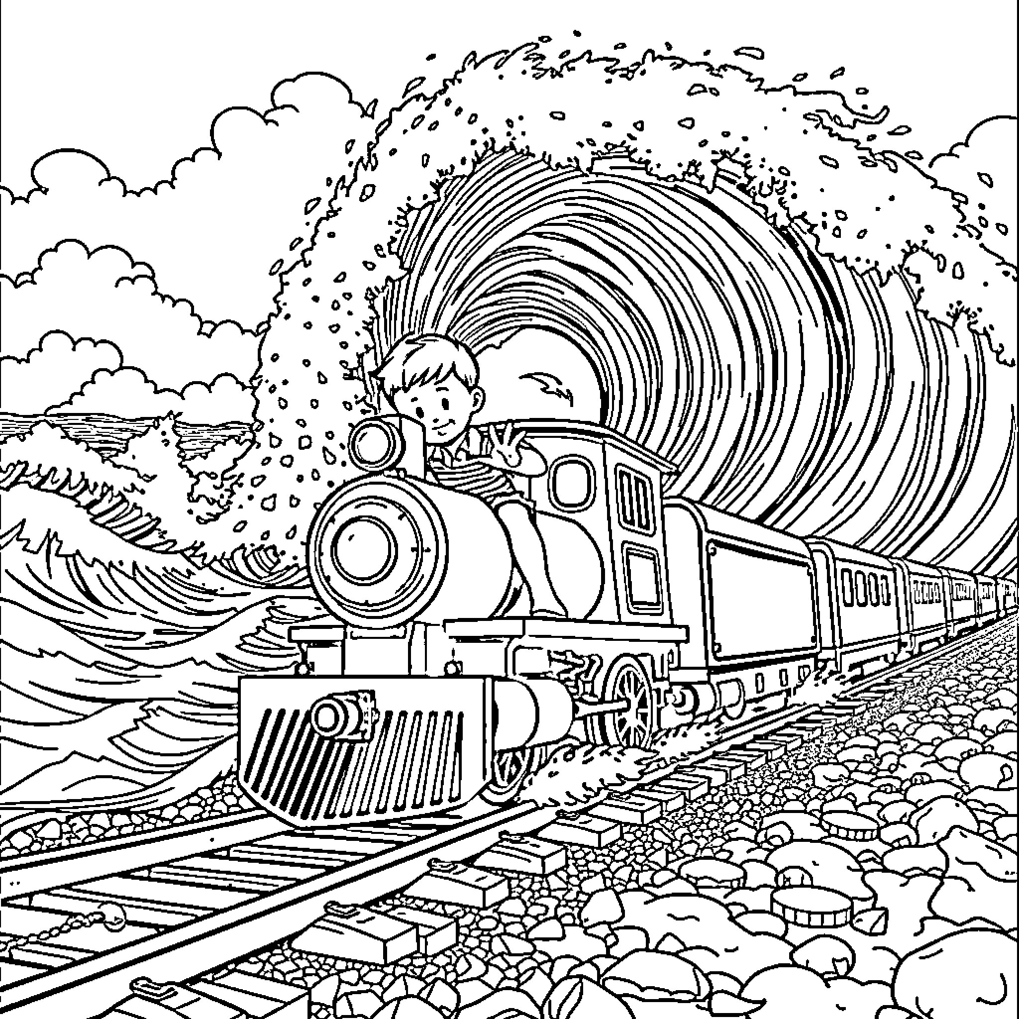 Boy Riding a Train Through a Stormy Landscape Coloring Page (free black-and-white line drawing printable PDF for all, from beginners to advanced learners, including children, teens, adults, and seniors)