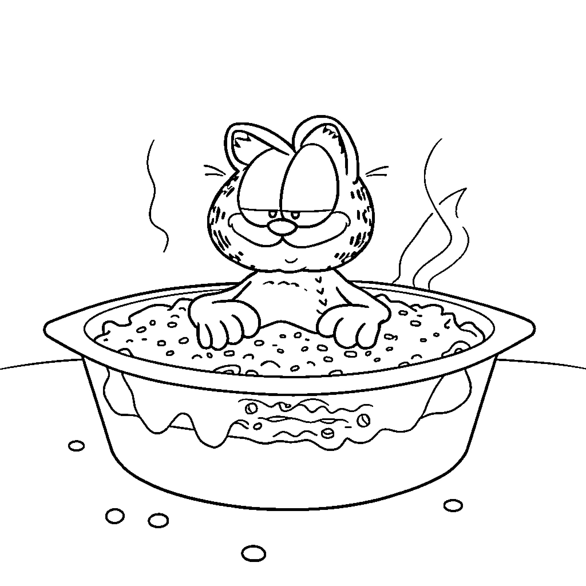 Garfield taking a cozy bath in tub Coloring Page (free black-and-white line drawing printable PDF for all, from beginners to advanced learners, including children, teens, adults, and seniors)