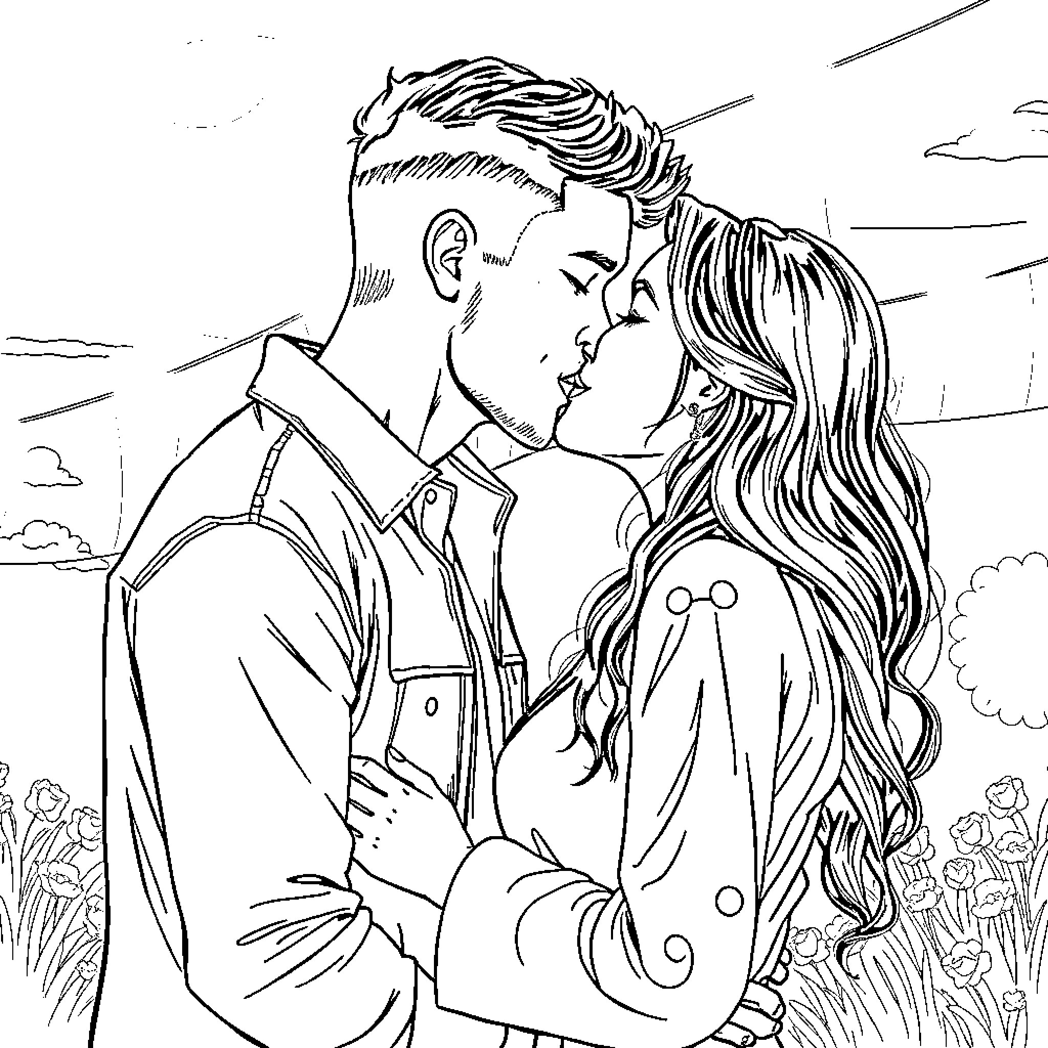 Kiss of Passionate Embrace in a Flowery Field Coloring Page (free black-and-white line drawing printable PDF for all, from beginners to advanced learners, including children, teens, adults, and seniors)