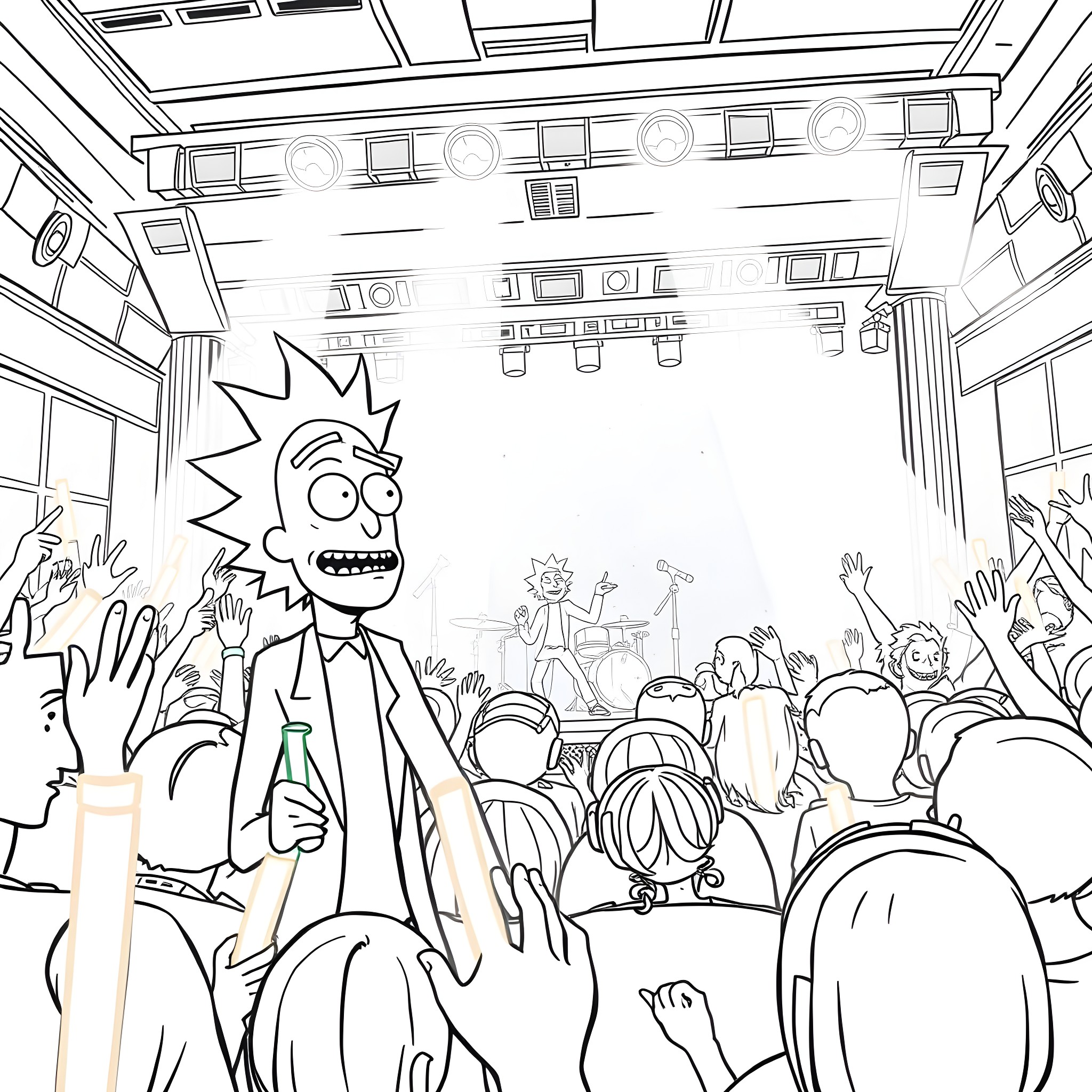 Rick's Chaotic Concert Performance on Stage Coloring Page (free black-and-white line drawing printable PDF for all, from beginners to advanced learners, including children, teens, adults, and seniors)
