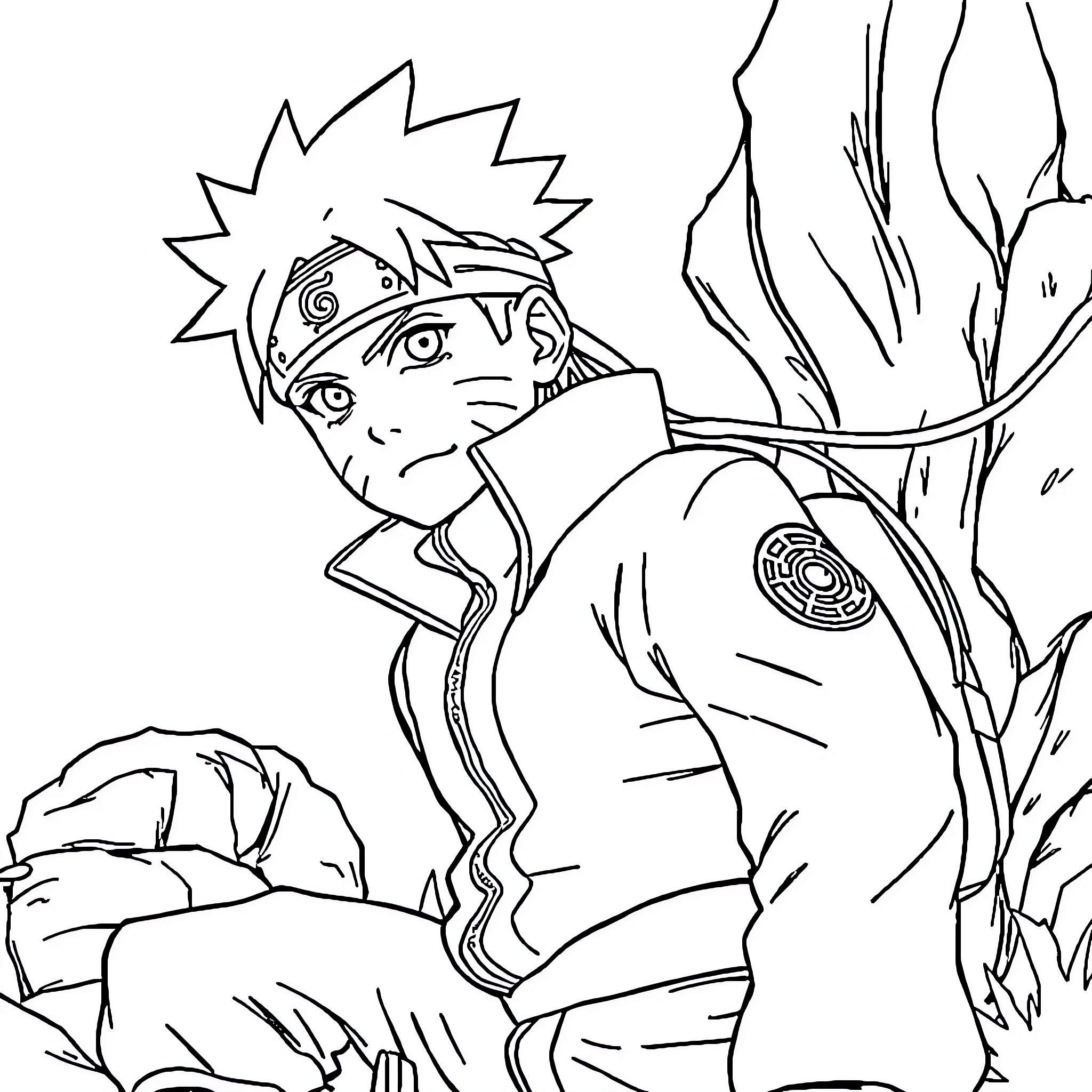 Naruto in a thoughtful moment amidst nature Coloring Page (free black-and-white line drawing printable PDF for all, from beginners to advanced learners, including children, teens, adults, and seniors)