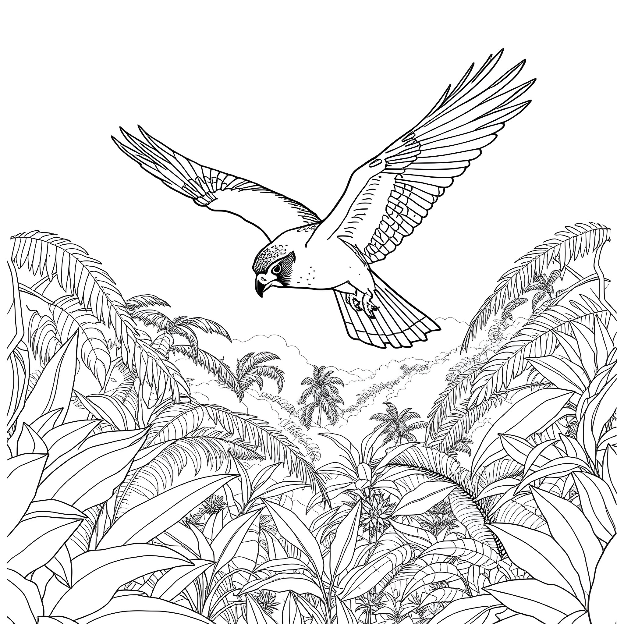 Falcon soaring over tropical foliage Coloring Page (free black-and-white line drawing printable PDF for all, from beginners to advanced learners, including children, teens, adults, and seniors)