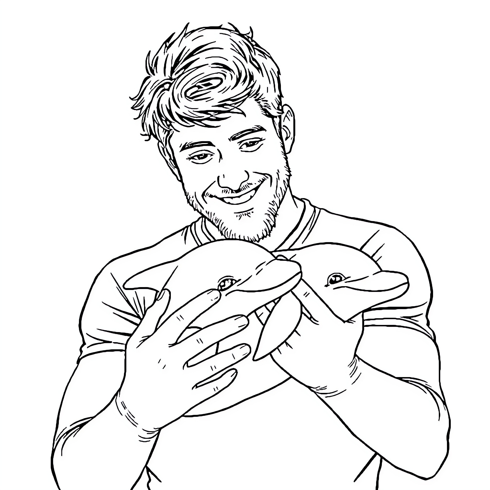 Josh Allen smiling while holding dolphins Coloring Page (free black-and-white line drawing printable PDF for all, from beginners to advanced learners, including children, teens, adults, and seniors)