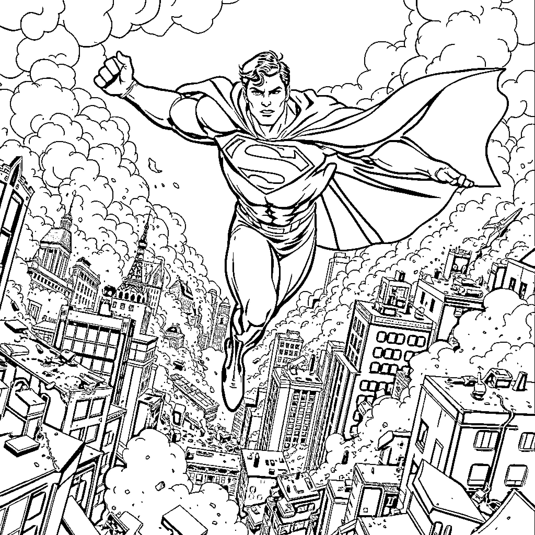 Superman soaring above the city Coloring Page (free black-and-white line drawing printable PDF for all, from beginners to advanced learners, including children, teens, adults, and seniors)