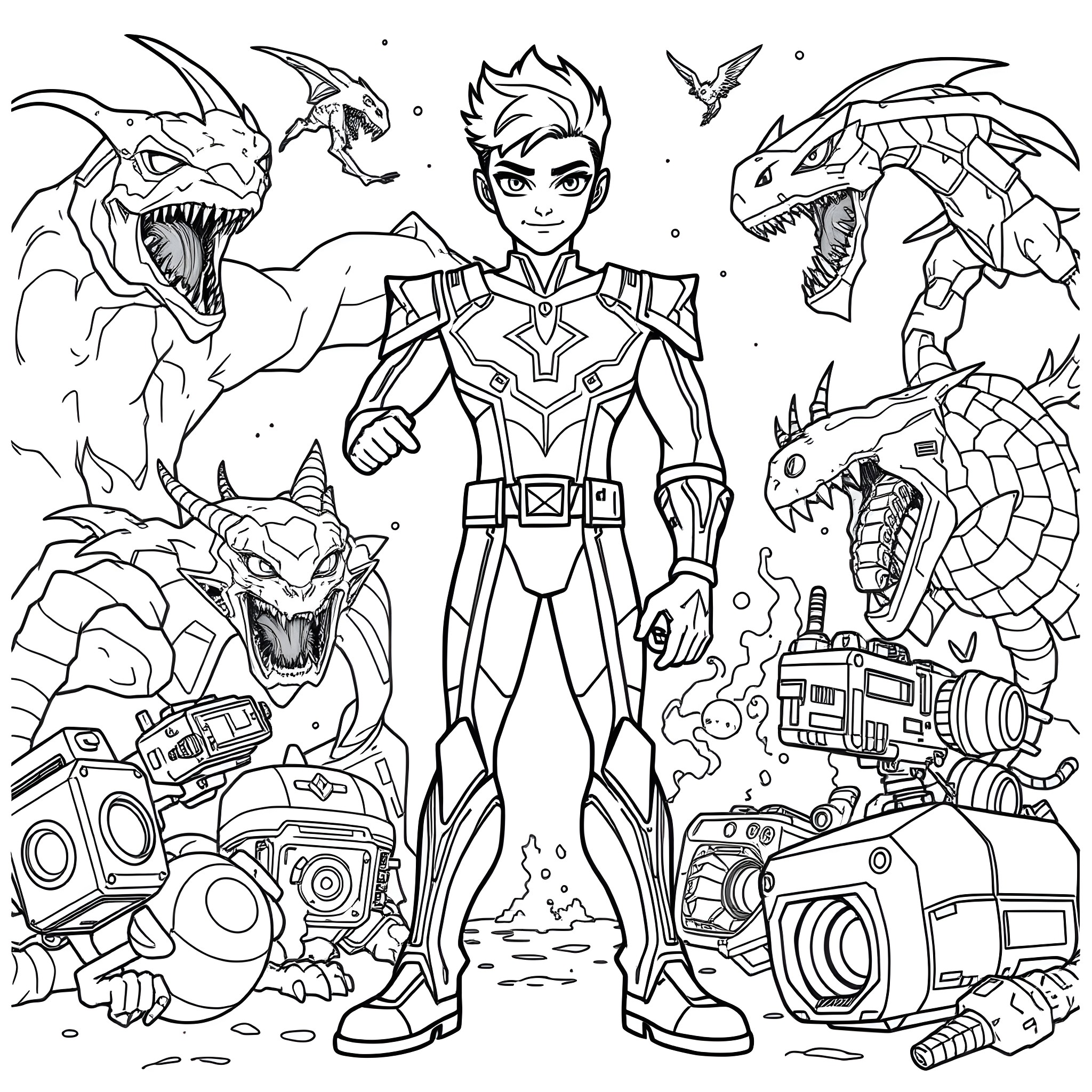 Ben 10 battles alien monsters and futuristic technology Coloring Page (free black-and-white line drawing printable PDF for all, from beginners to advanced learners, including children, teens, adults, and seniors)