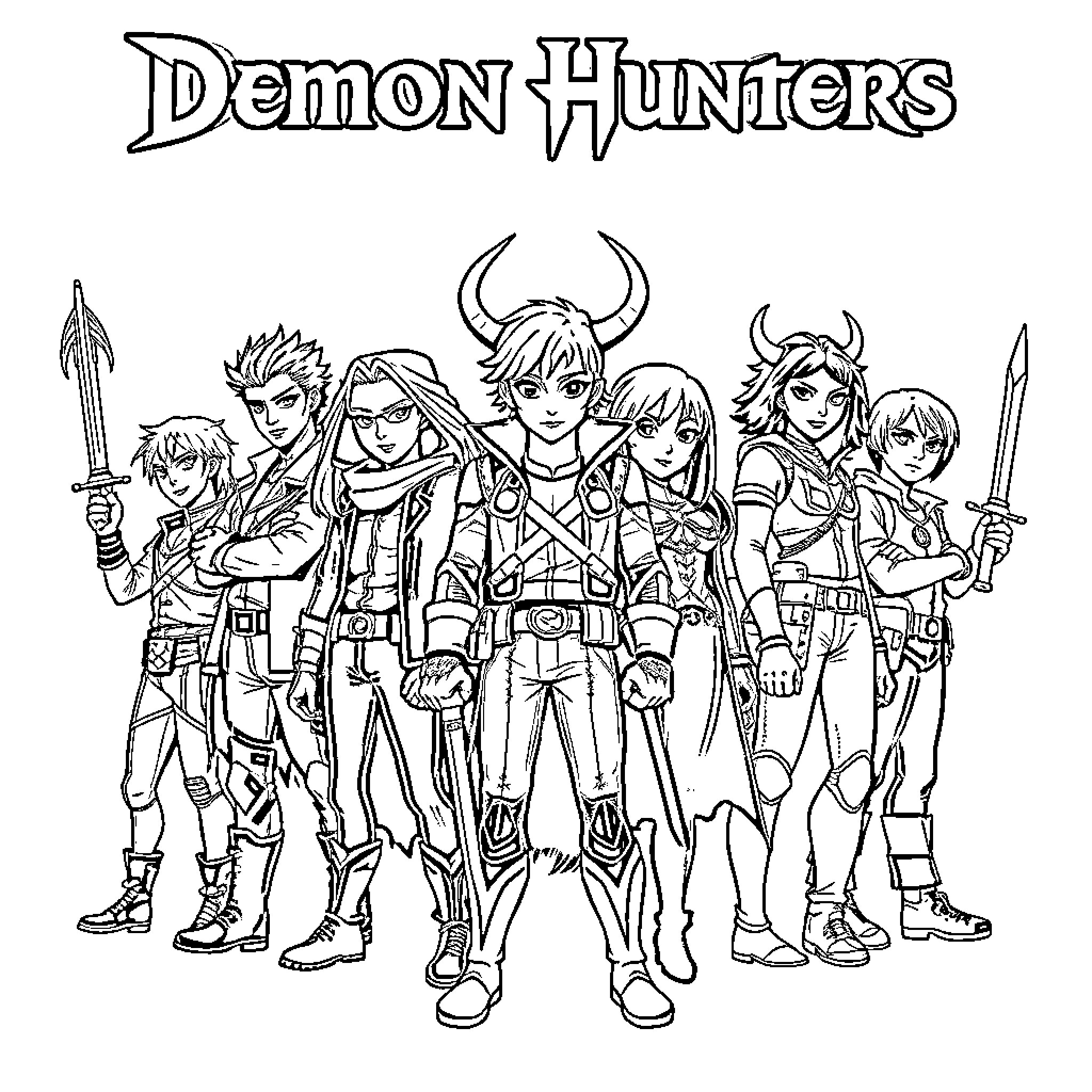 Character group of demon hunters in action poses Coloring Page (free black-and-white line drawing printable PDF for all, from beginners to advanced learners, including children, teens, adults, and seniors)