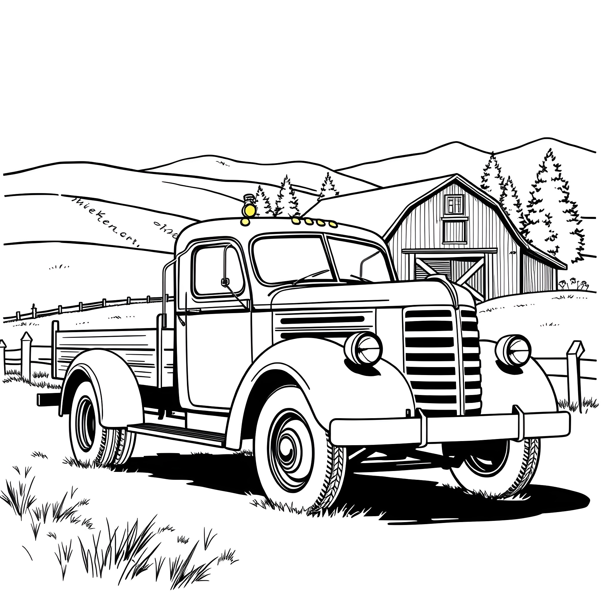 Truck carrying supplies near rustic barn in countryside Coloring Page (free black-and-white line drawing printable PDF for all, from beginners to advanced learners, including children, teens, adults, and seniors)