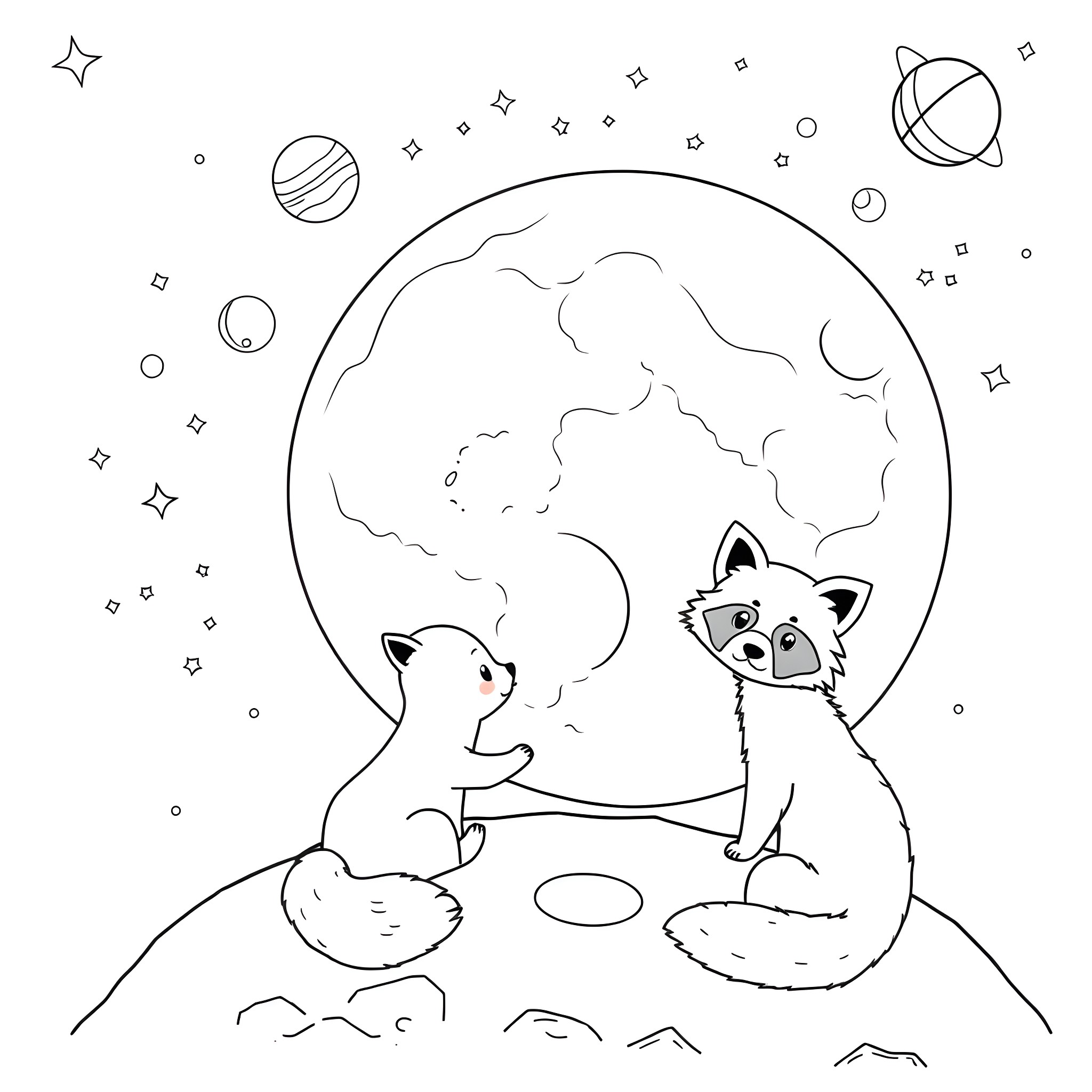 Fox siblings exploring the cosmic landscape Coloring Page (free black-and-white line drawing printable PDF for all, from beginners to advanced learners, including children, teens, adults, and seniors)