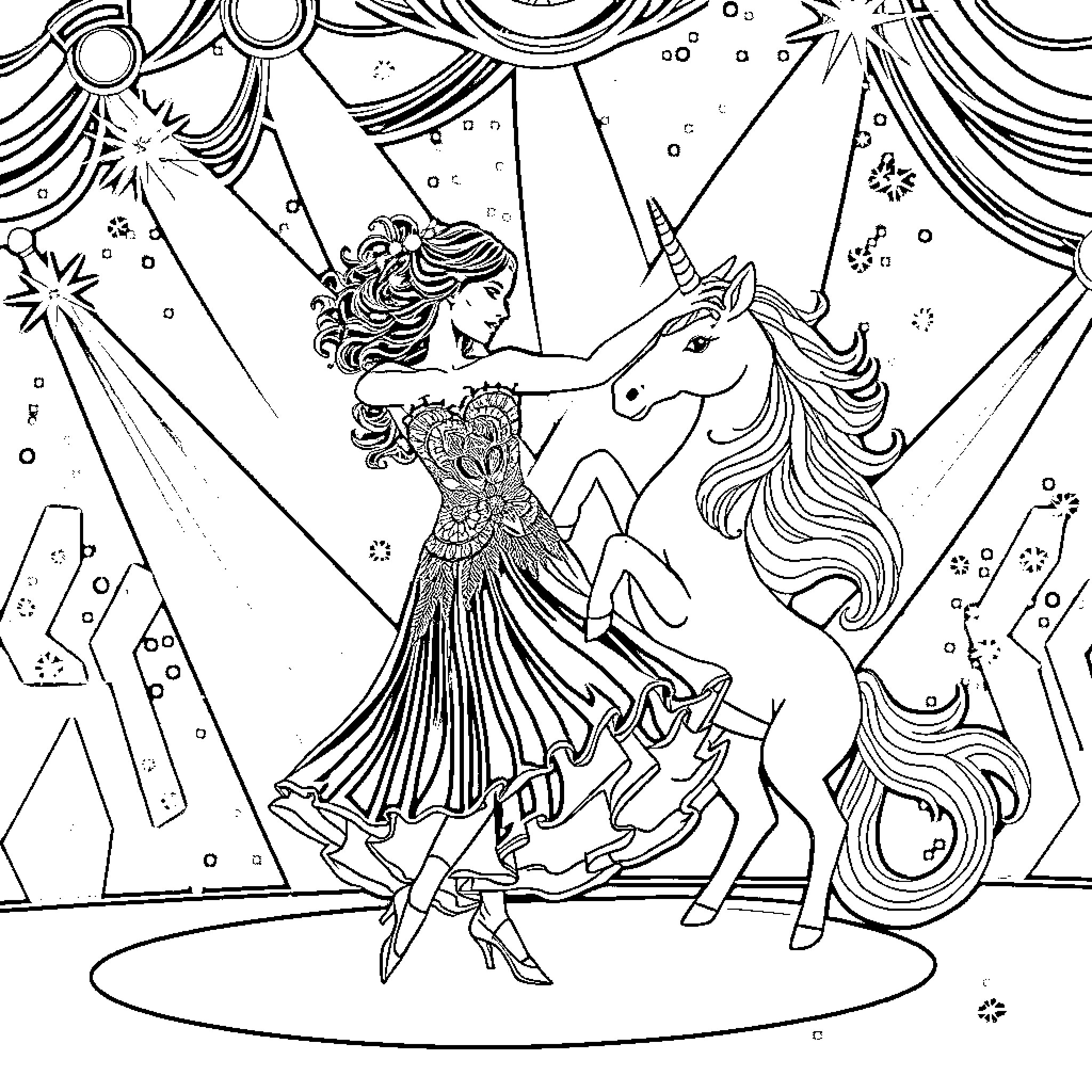 Danseuse performing with graceful unicorn on stage Coloring Page (free black-and-white line drawing printable PDF for all, from beginners to advanced learners, including children, teens, adults, and seniors)