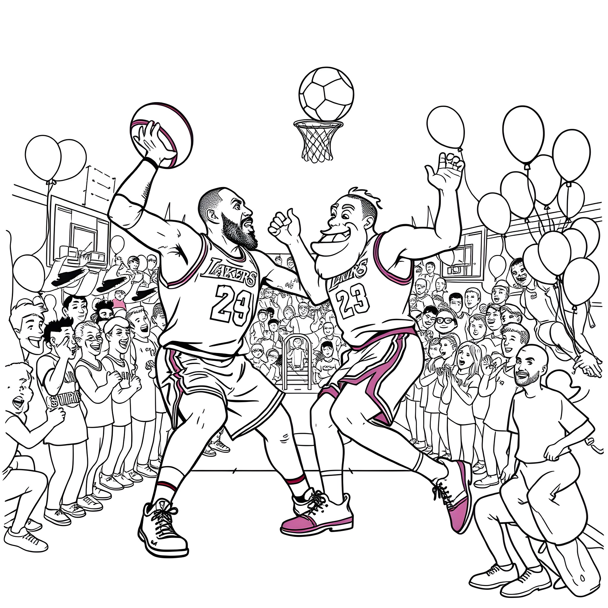LeBron and co. Engaging in an Intense Basketball Game with Crowd Cheering Coloring Page (free black-and-white line drawing printable PDF for all, from beginners to advanced learners, including children, teens, adults, and seniors)