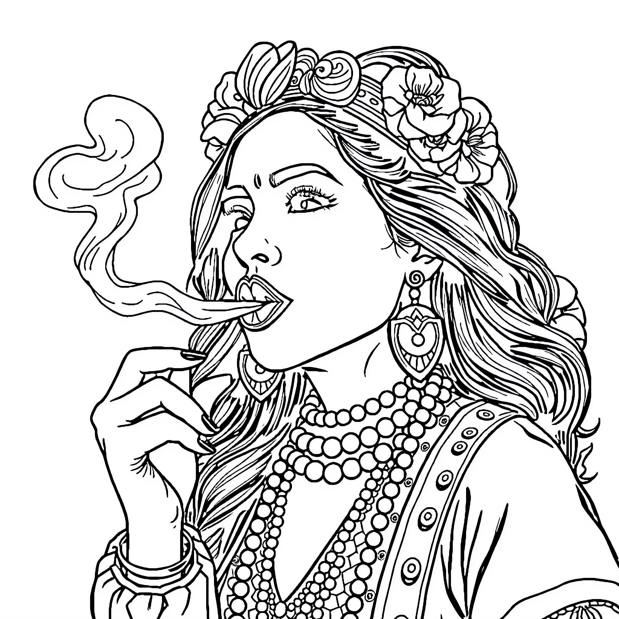 Woman with floral headpiece smoking Coloring Page (free black-and-white line drawing printable PDF for all, from beginners to advanced learners, including children, teens, adults, and seniors)