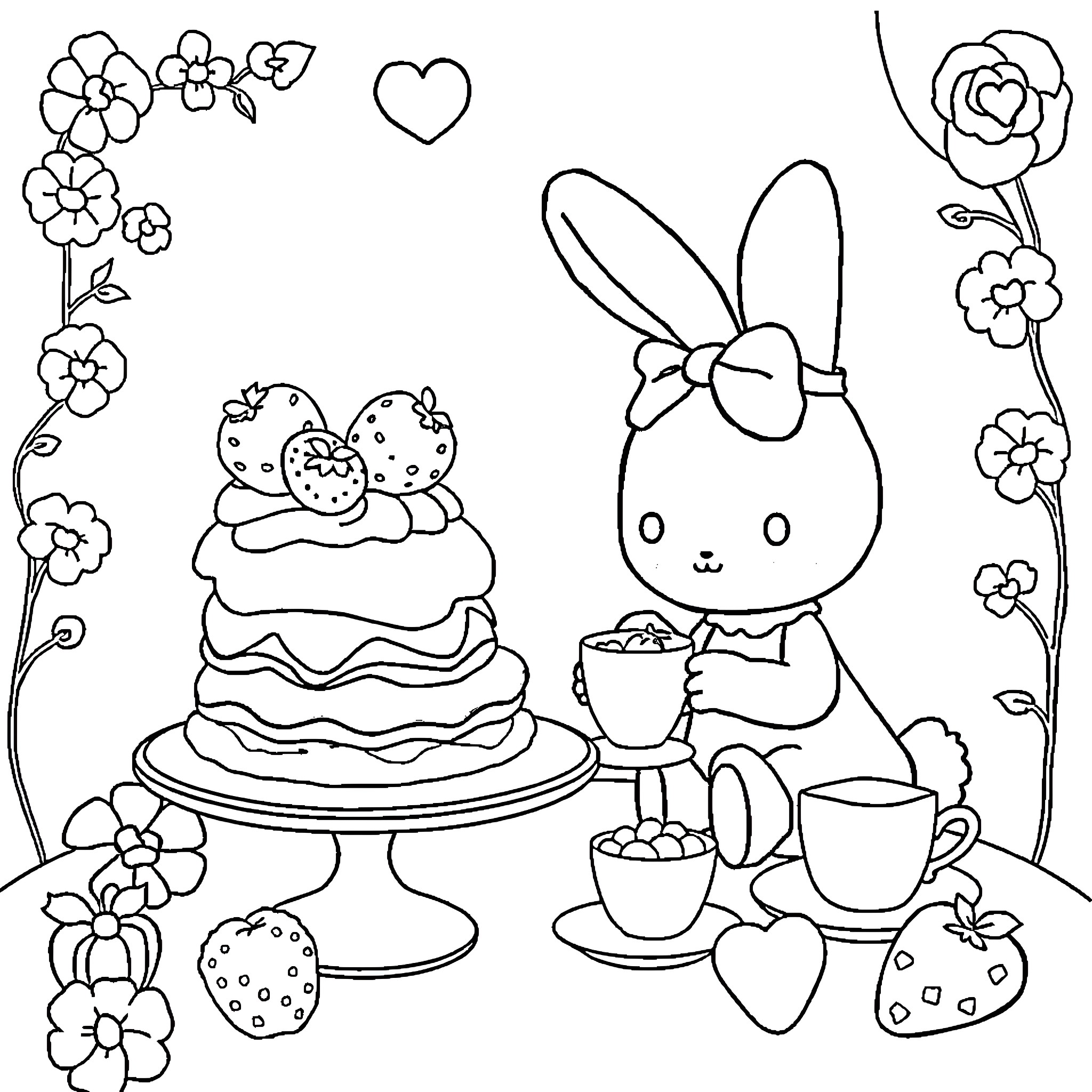 My Melody Celebrating with Strawberry Cake and Tea Coloring Page (free black-and-white line drawing printable PDF for all, from beginners to advanced learners, including children, teens, adults, and seniors)