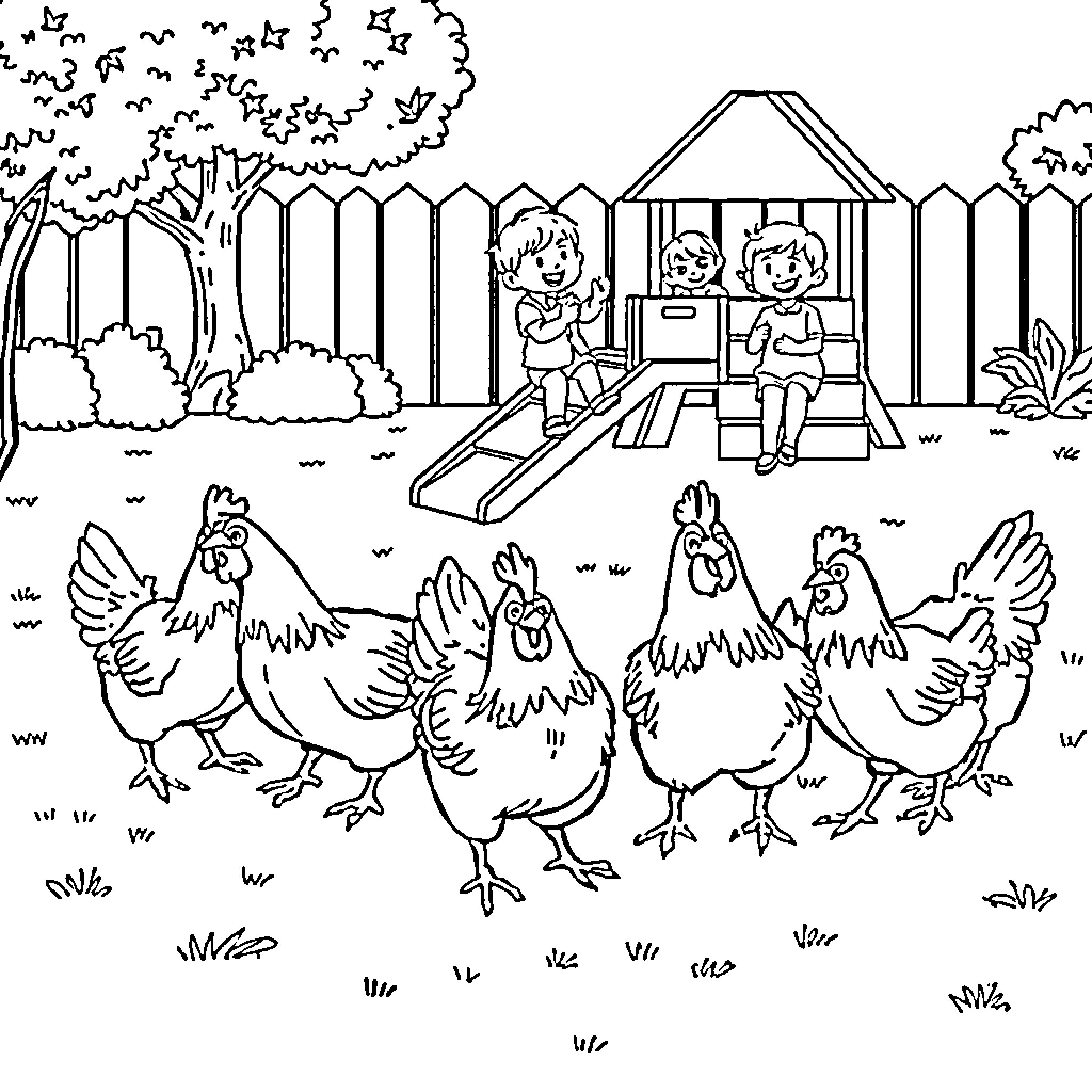 Chicken Family Enjoying Playtime in Backyard Coloring Page (free black-and-white line drawing printable PDF for all, from beginners to advanced learners, including children, teens, adults, and seniors)
