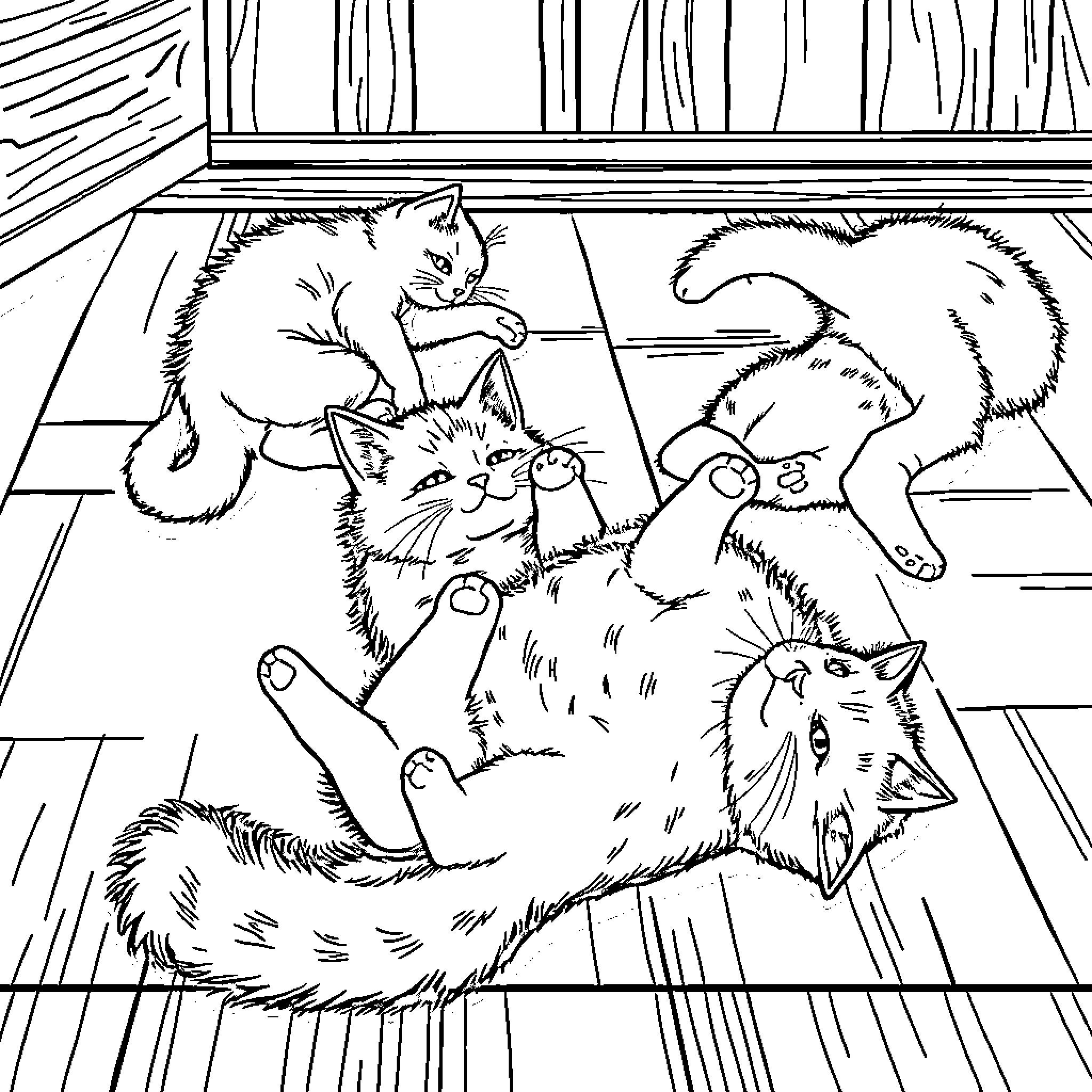 Cat family exploring the cozy indoor space Coloring Page (free black-and-white line drawing printable PDF for all, from beginners to advanced learners, including children, teens, adults, and seniors)