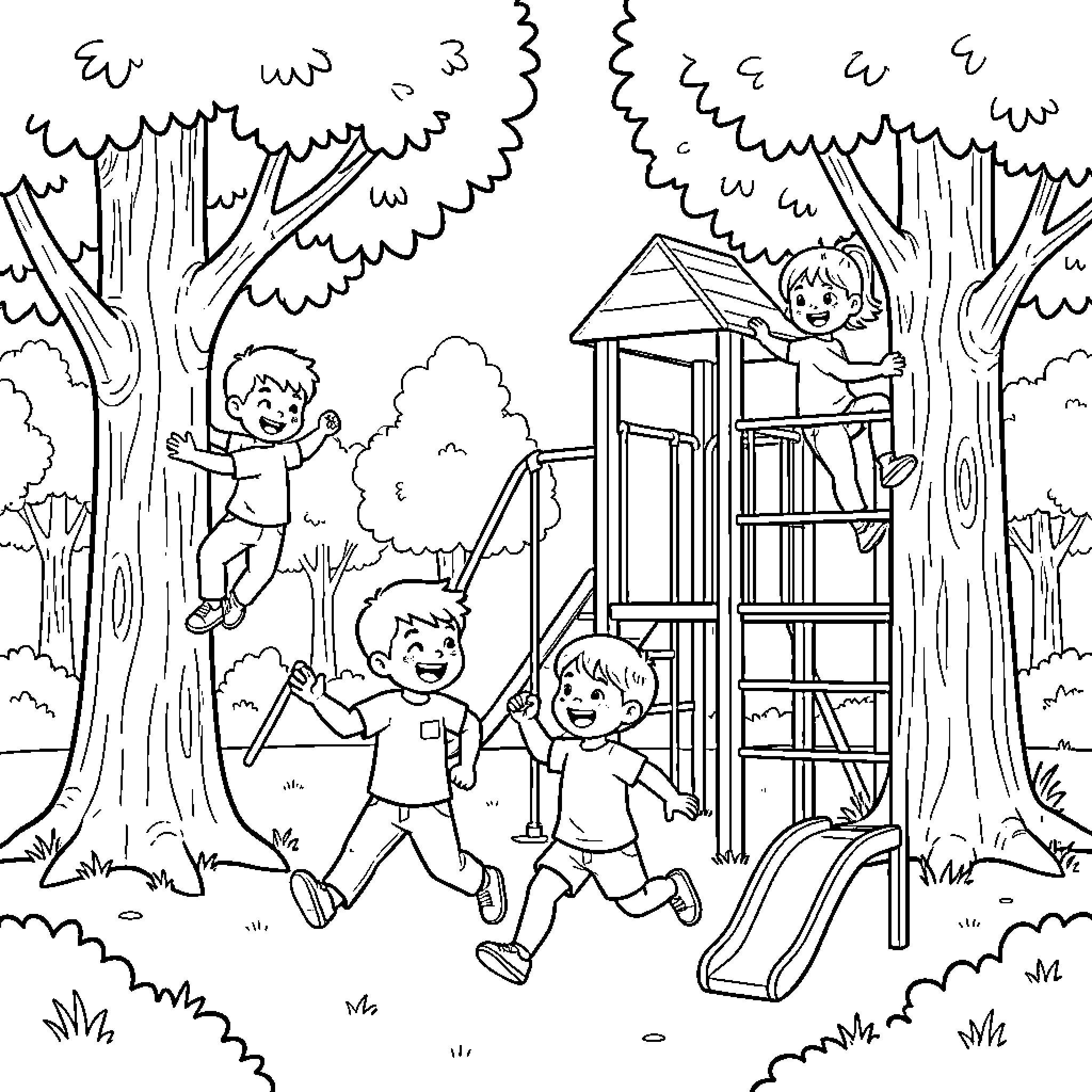 Kid playing joyfully on playground equipment in the park Coloring Page (free black-and-white line drawing printable PDF for all, from beginners to advanced learners, including children, teens, adults, and seniors)
