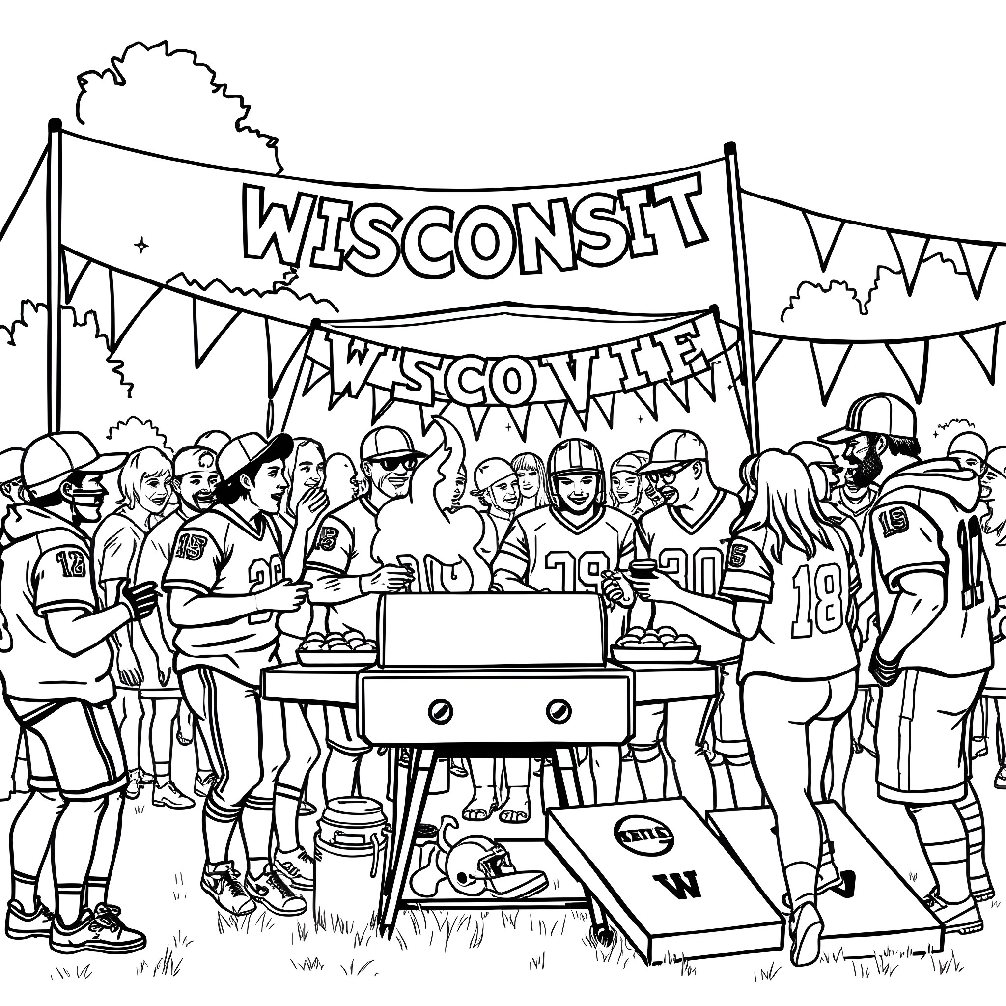 Tailgate scene at a Wisconsin football game Coloring Page (free black-and-white line drawing printable PDF for all, from beginners to advanced learners, including children, teens, adults, and seniors)