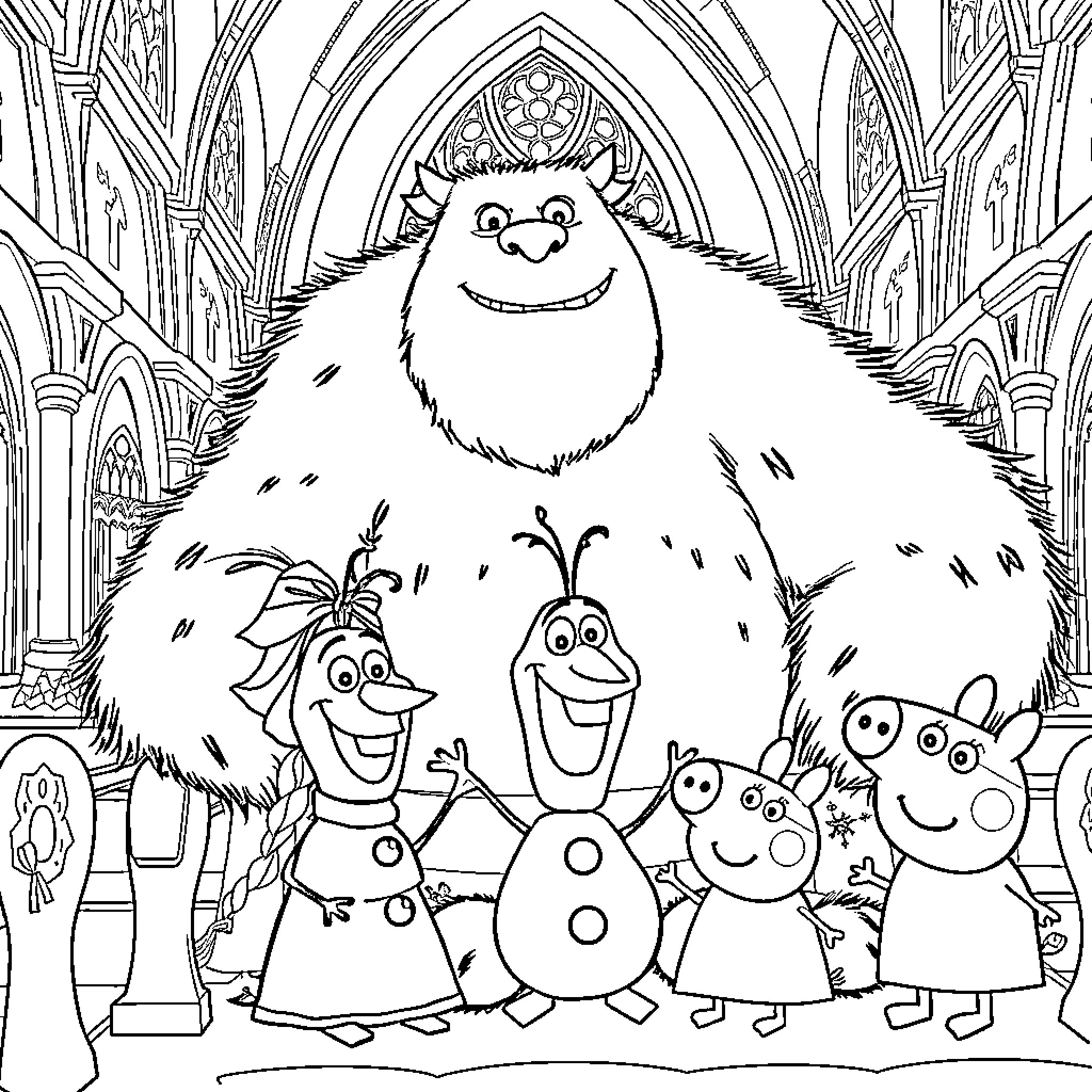 Sully and Friends Exploring the Enchanted Castle Coloring Page (free black-and-white line drawing printable PDF for all, from beginners to advanced learners, including children, teens, adults, and seniors)