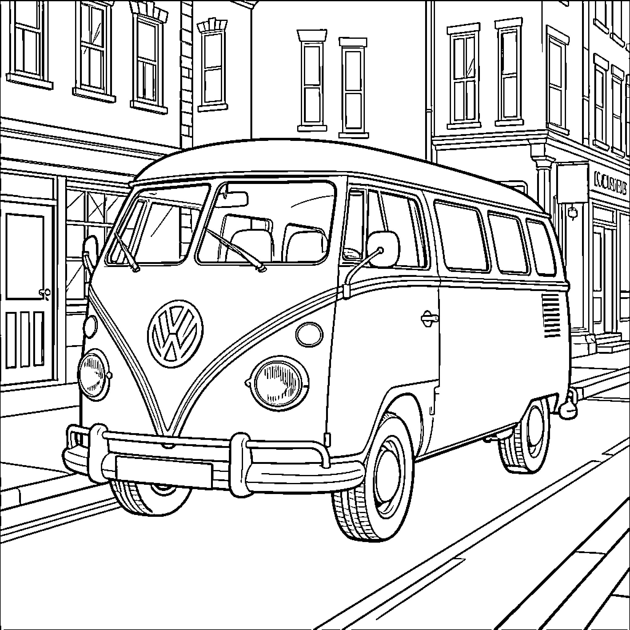 Van rides down the city street Coloring Page (free black-and-white line drawing printable PDF for all, from beginners to advanced learners, including children, teens, adults, and seniors)