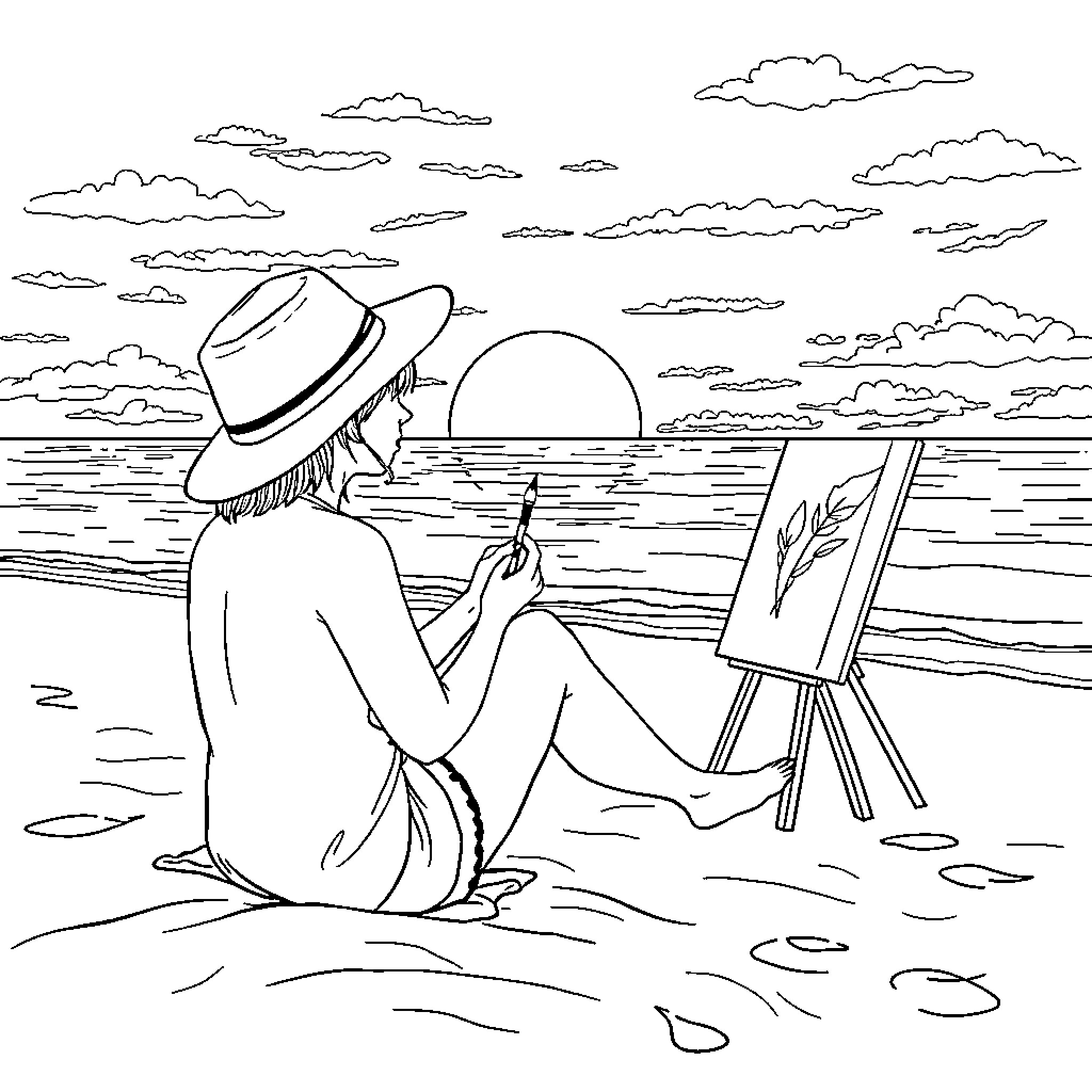 Ciupke painting the sunset landscape Coloring Page (free black-and-white line drawing printable PDF for all, from beginners to advanced learners, including children, teens, adults, and seniors)