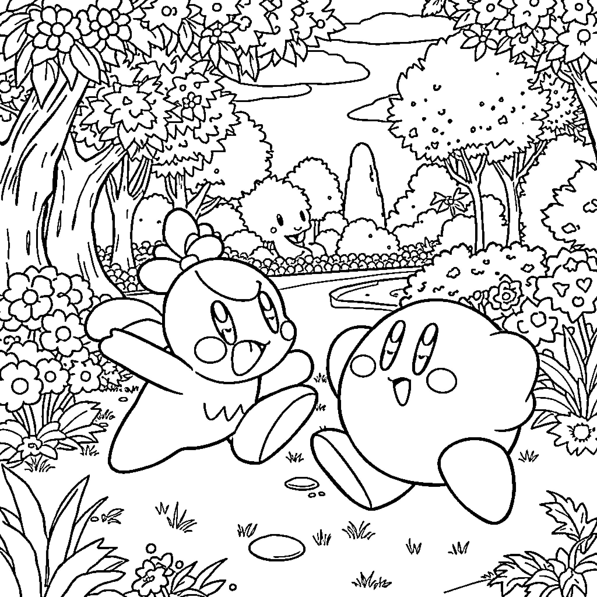 Popplio playing happily in the enchanted forest Coloring Page (free black-and-white line drawing printable PDF for all, from beginners to advanced learners, including children, teens, adults, and seniors)