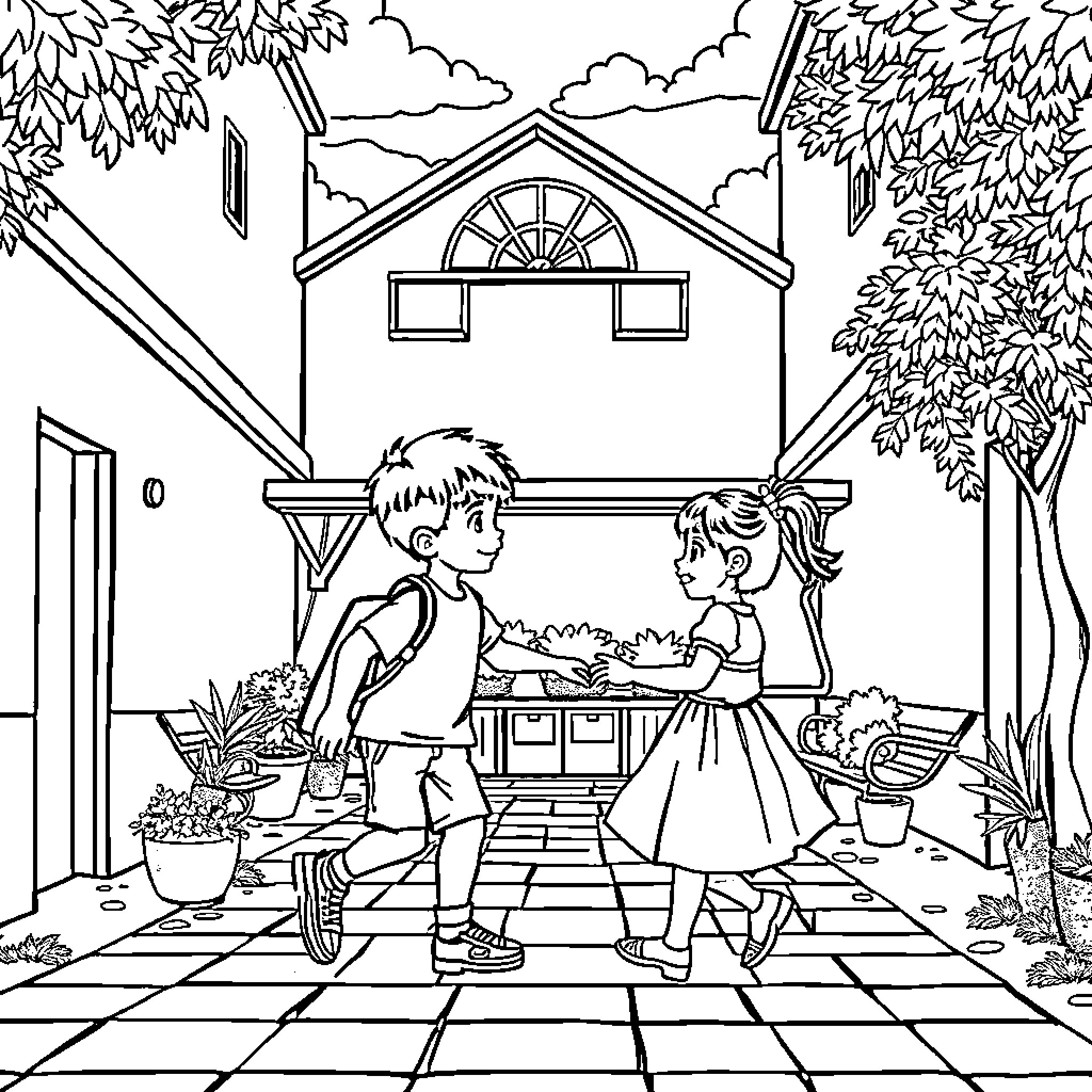 Child and friend playing in front of house Coloring Page (free black-and-white line drawing printable PDF for all, from beginners to advanced learners, including children, teens, adults, and seniors)