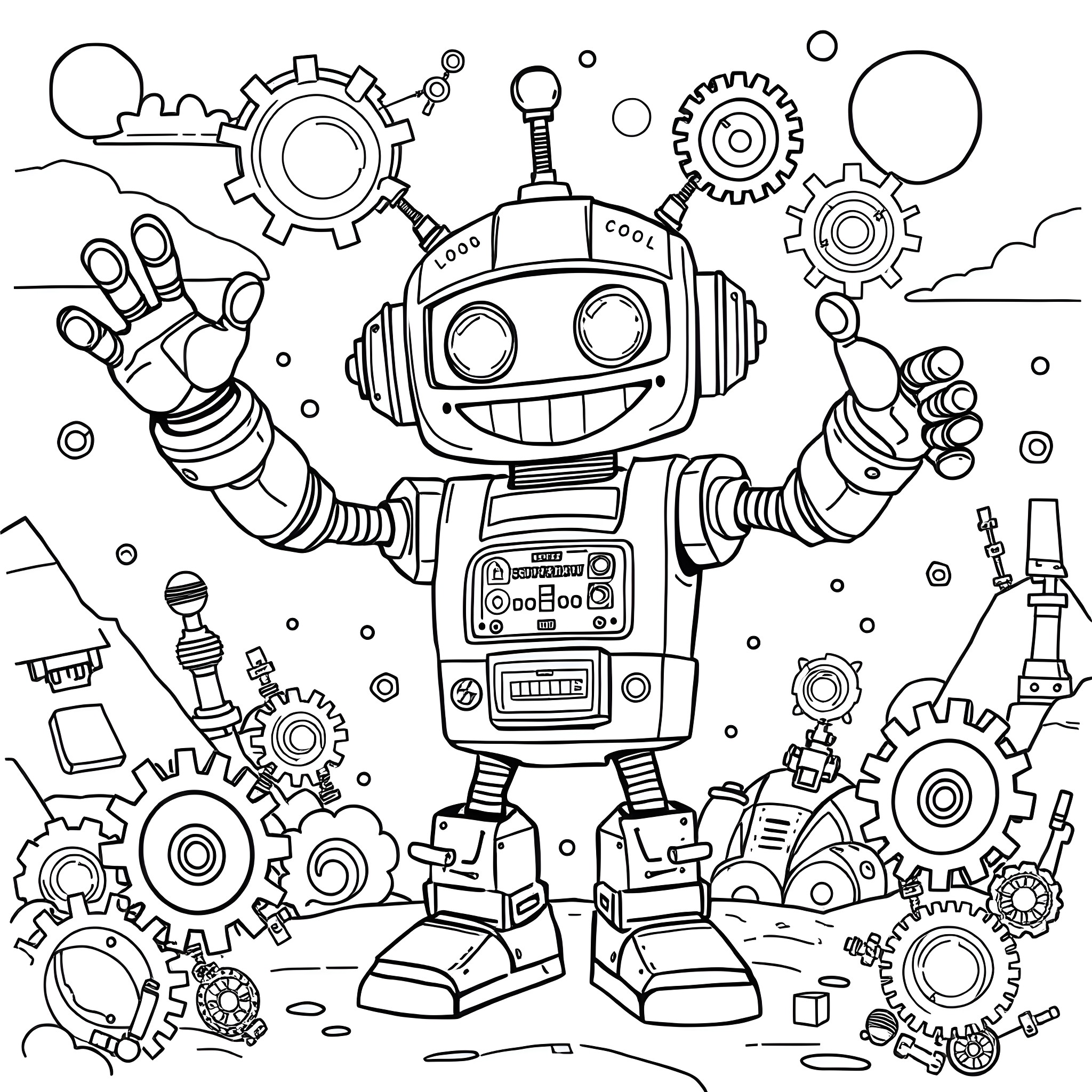 Robot Exploring a Whimsical Mechanical Landscape Coloring Page (free black-and-white line drawing printable PDF for all, from beginners to advanced learners, including children, teens, adults, and seniors)