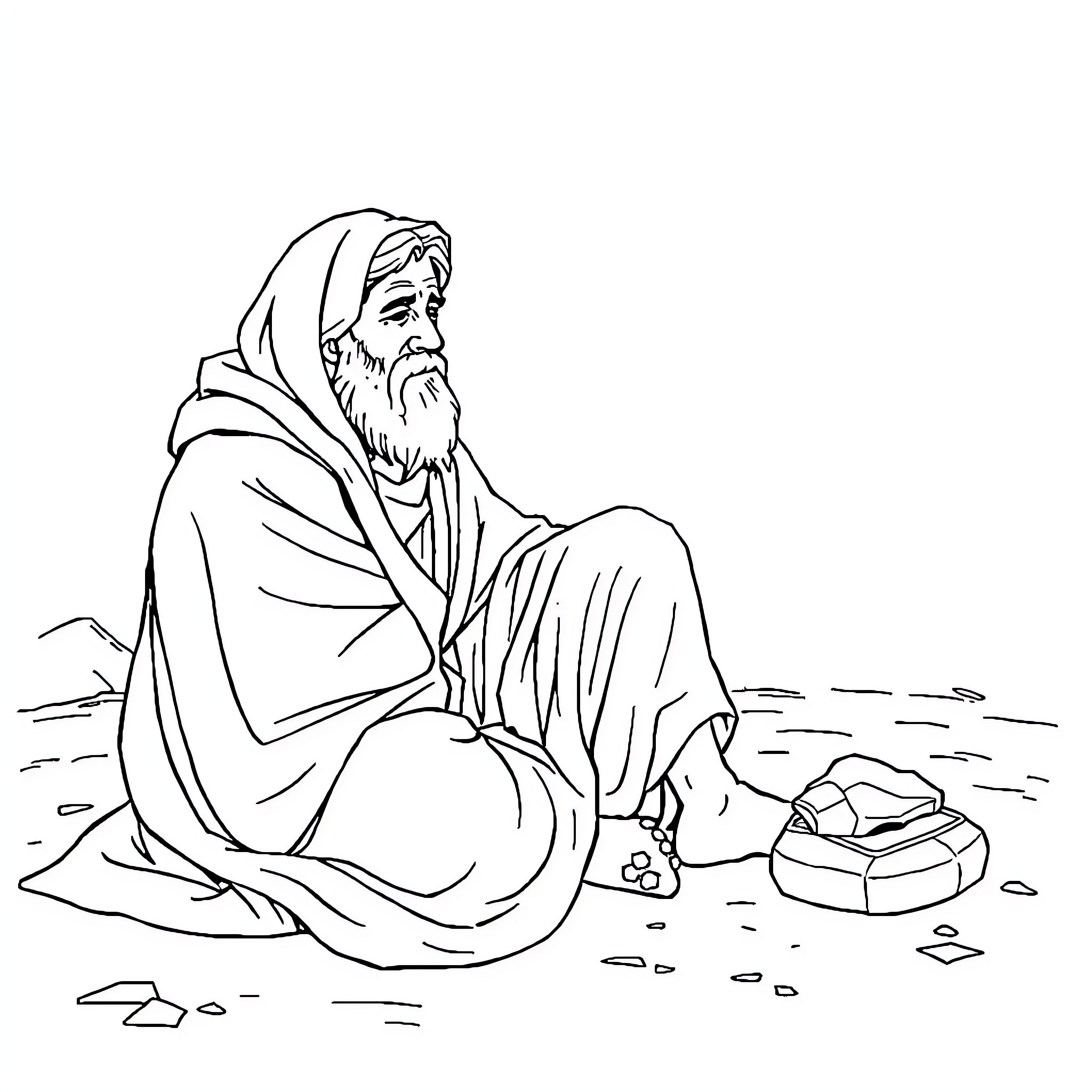 Job of a thoughtful old man in a desert landscape Coloring Page (free black-and-white line drawing printable PDF for all, from beginners to advanced learners, including children, teens, adults, and seniors)