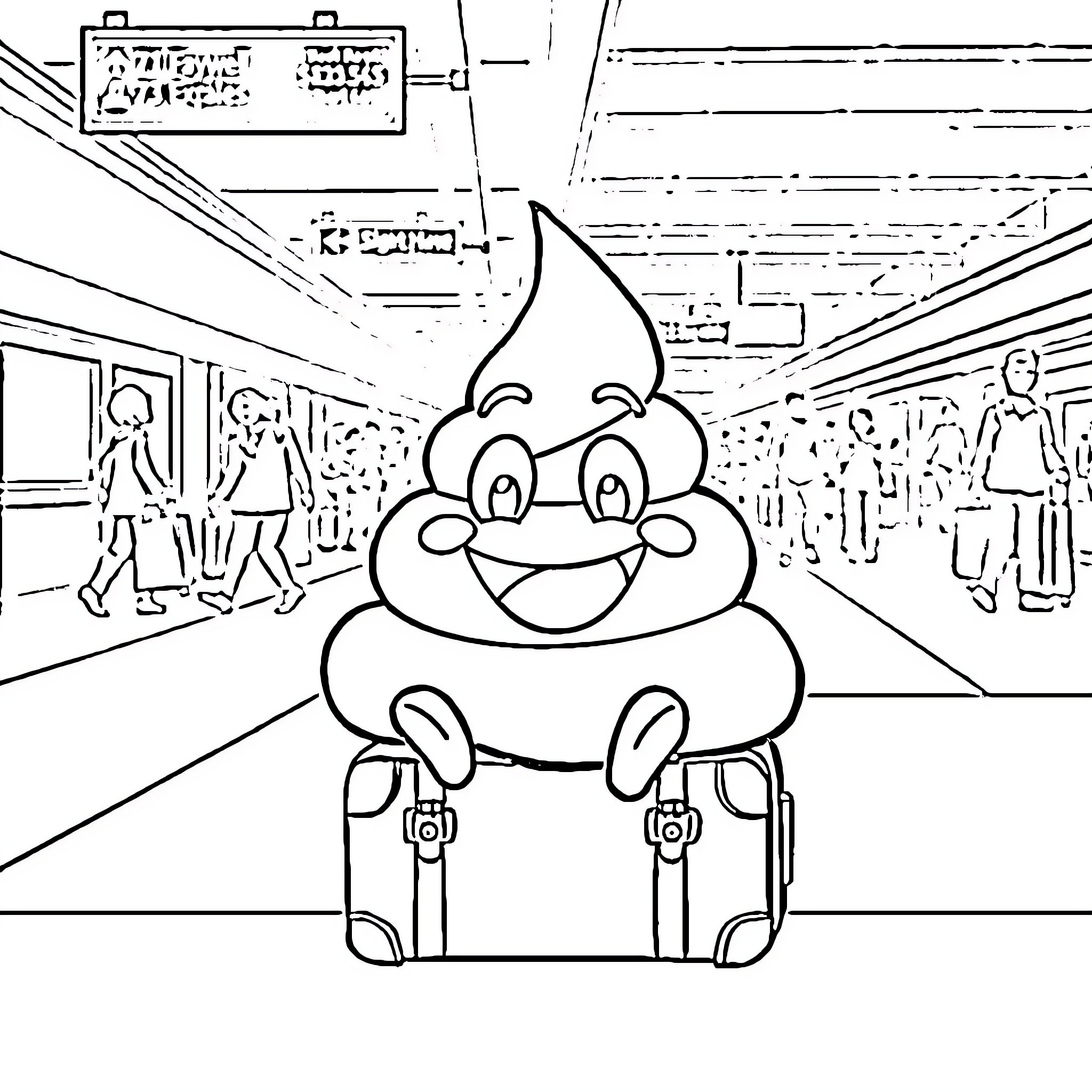 Poop smiling happily in a public place Coloring Page (free black-and-white line drawing printable PDF for all, from beginners to advanced learners, including children, teens, adults, and seniors)