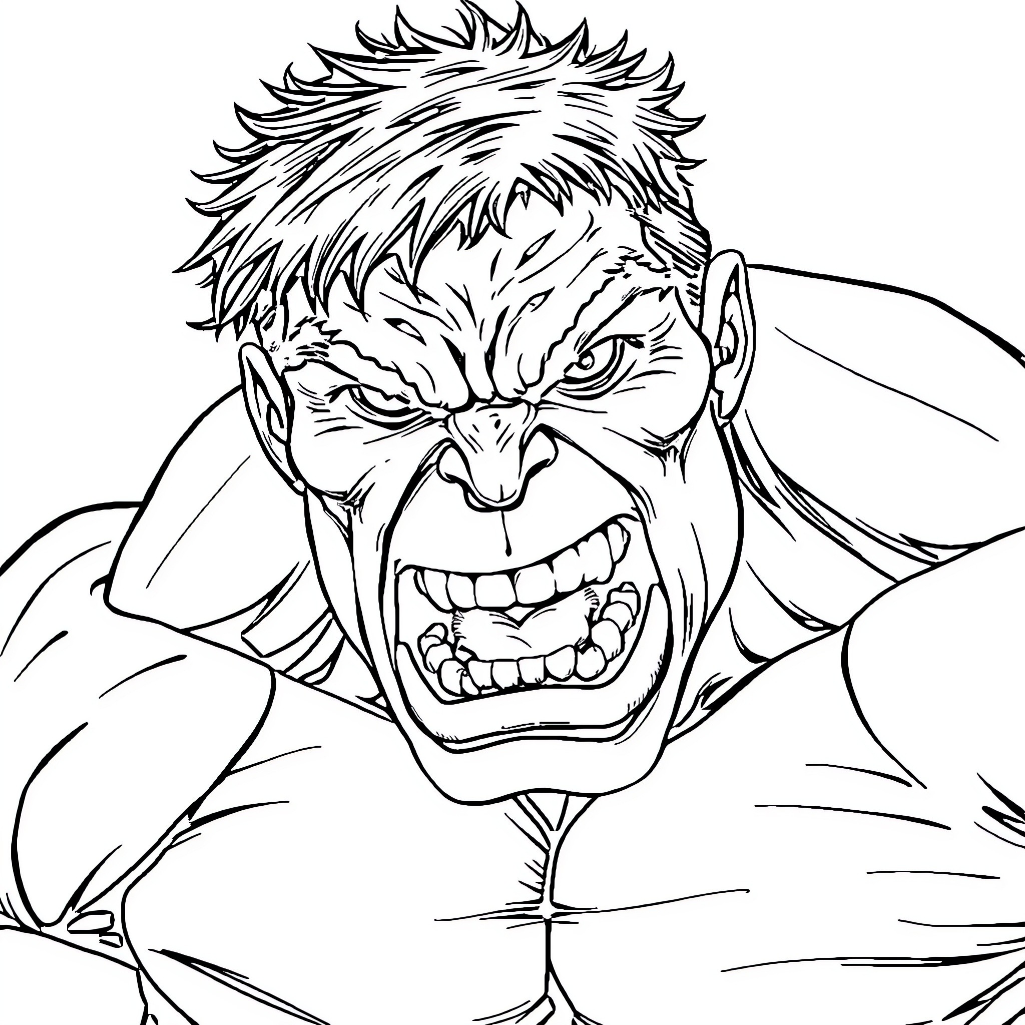 Hulk showing intense rage and aggression Coloring Page (free black-and-white line drawing printable PDF for all, from beginners to advanced learners, including children, teens, adults, and seniors)