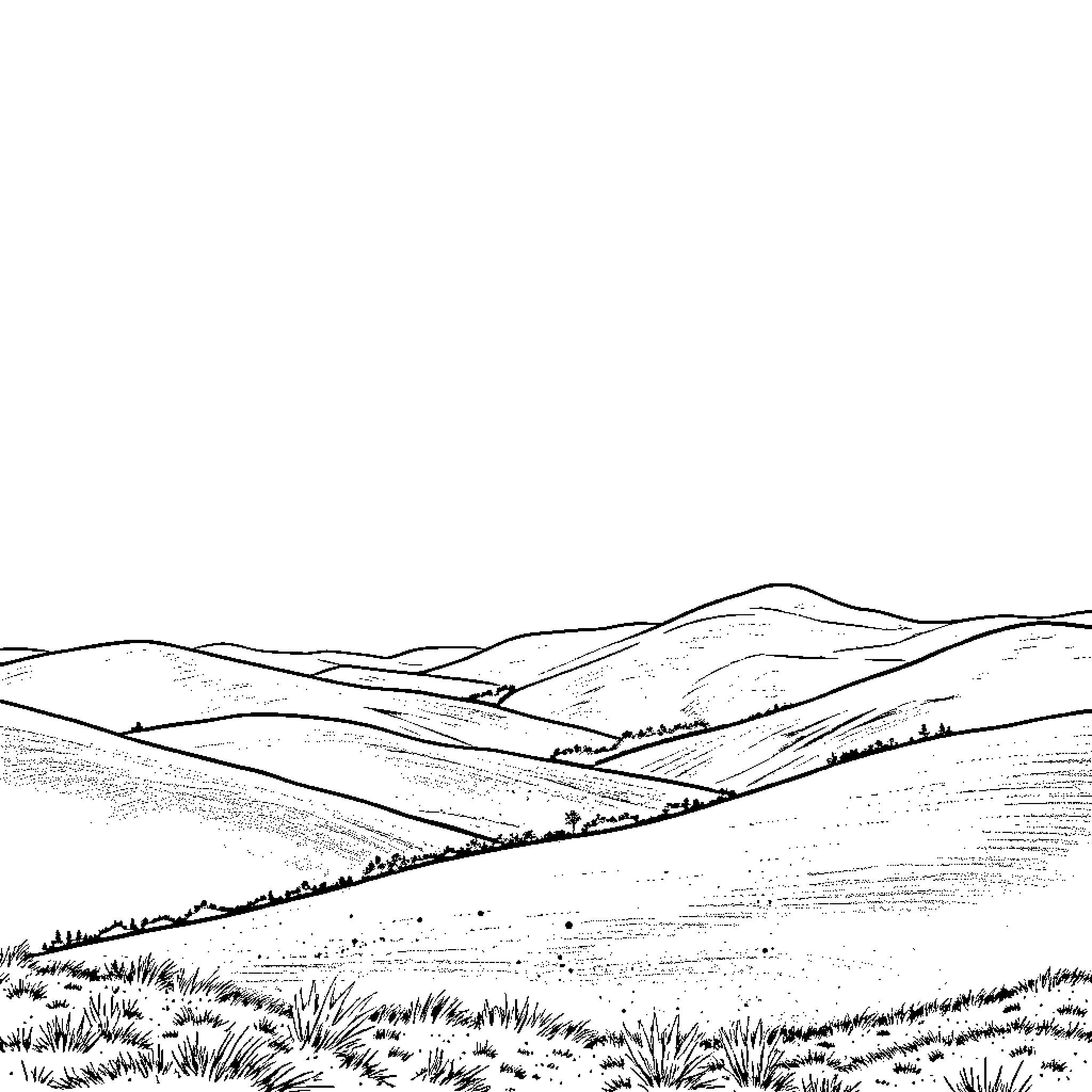 Scenery of rolling hills and distant mountains Coloring Page (free black-and-white line drawing printable PDF for all, from beginners to advanced learners, including children, teens, adults, and seniors)