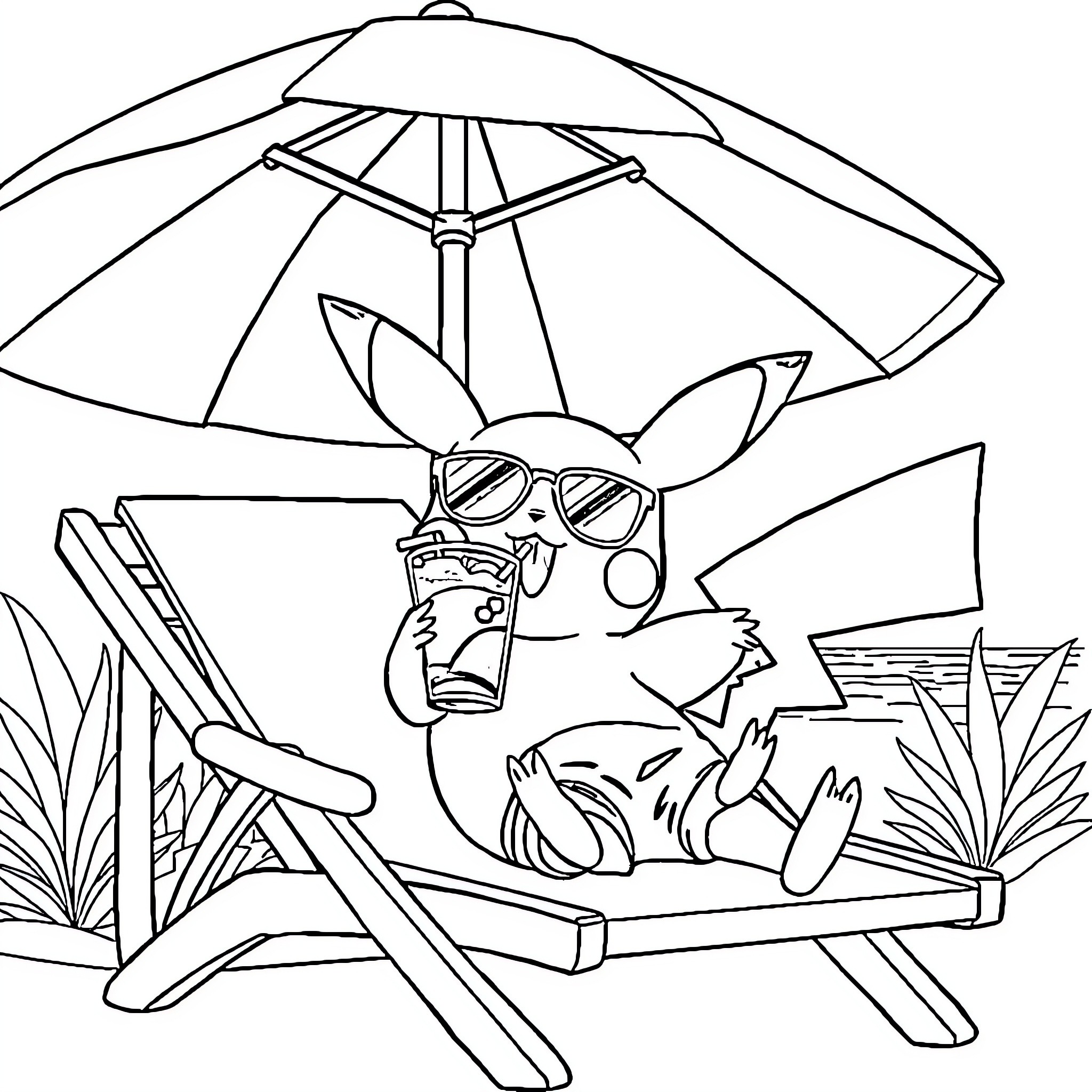 Pikachu enjoying a sunny day at the beach Coloring Page (free black-and-white line drawing printable PDF for all, from beginners to advanced learners, including children, teens, adults, and seniors)