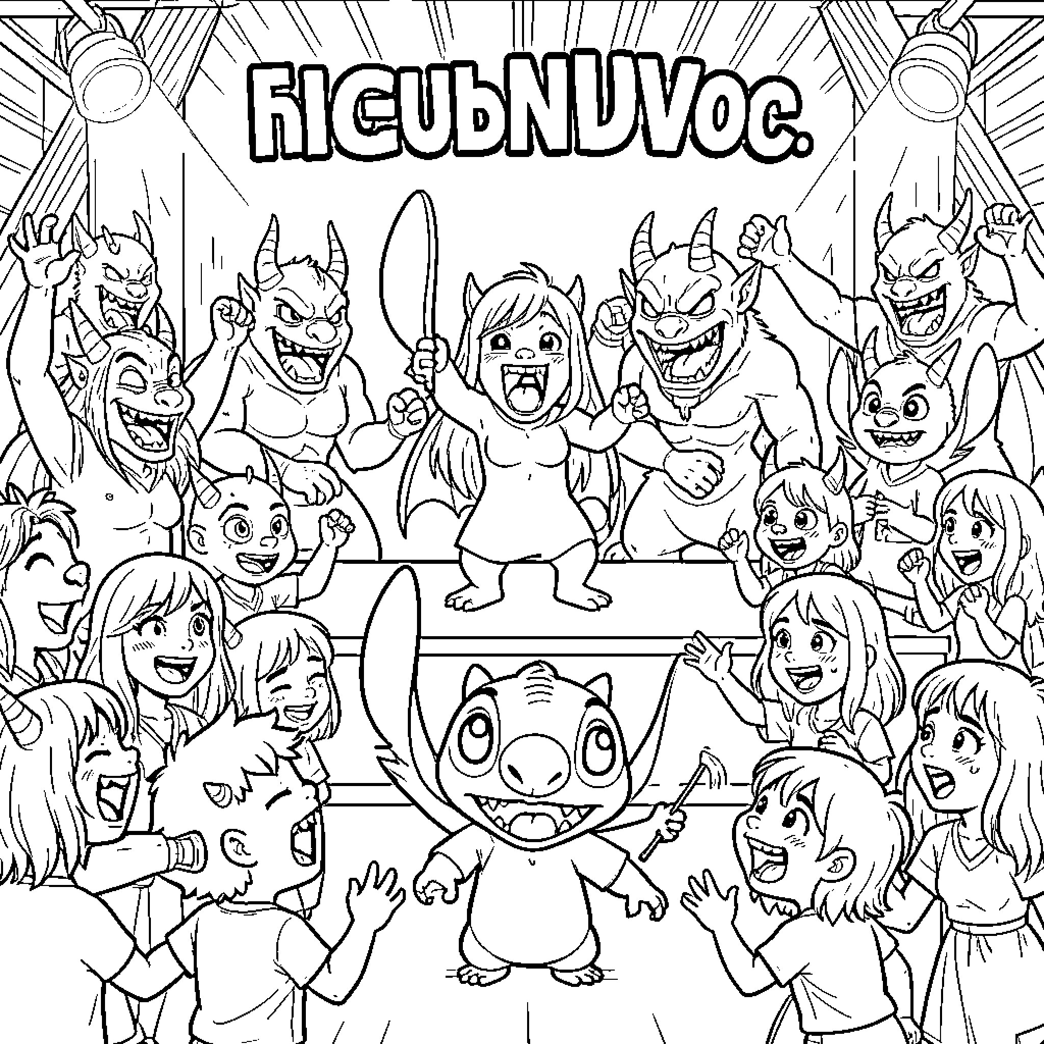 K Pop monsters and characters performing on a stage Coloring Page (free black-and-white line drawing printable PDF for all, from beginners to advanced learners, including children, teens, adults, and seniors)