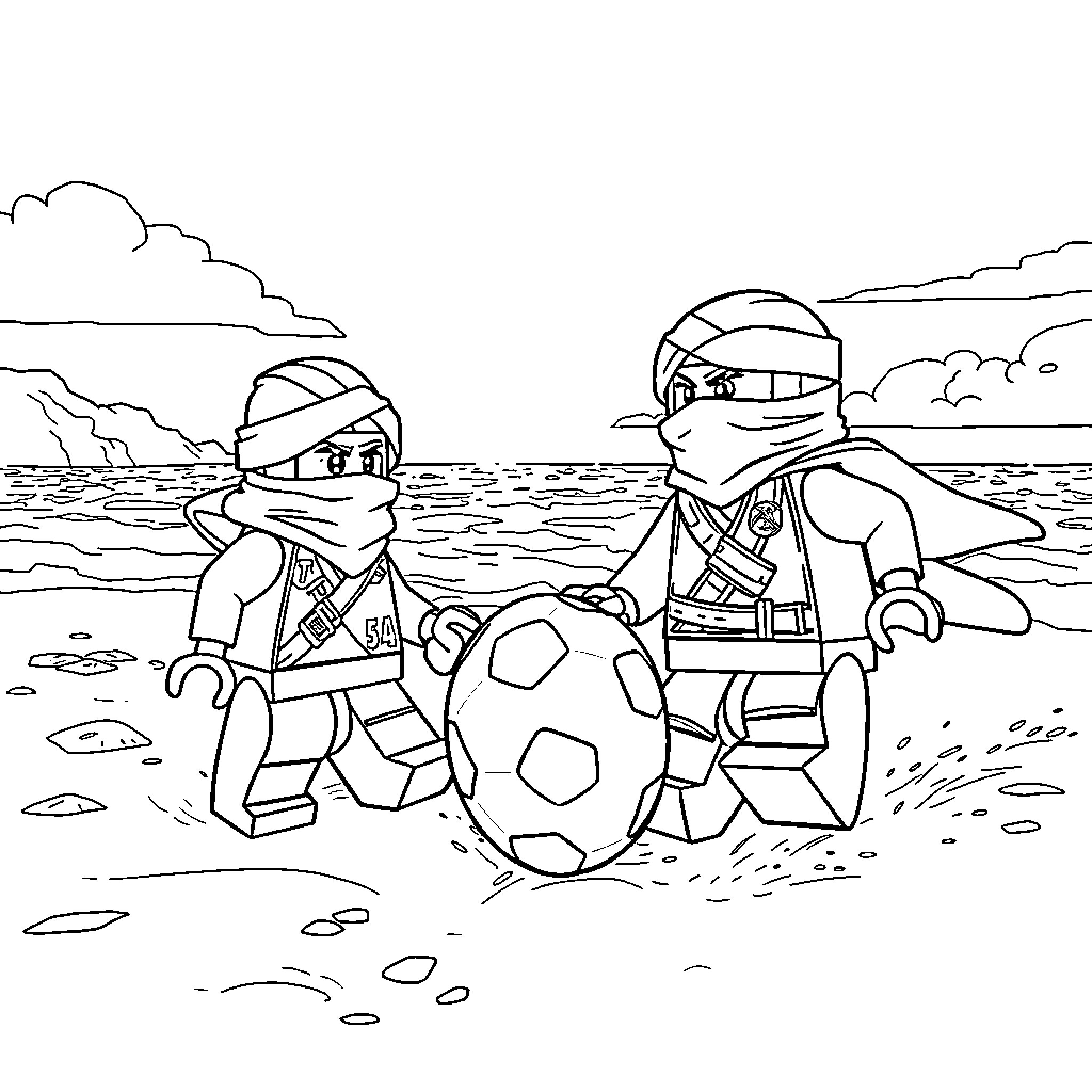 Lego Ninjago characters playing soccer on the beach Coloring Page (free black-and-white line drawing printable PDF for all, from beginners to advanced learners, including children, teens, adults, and seniors)