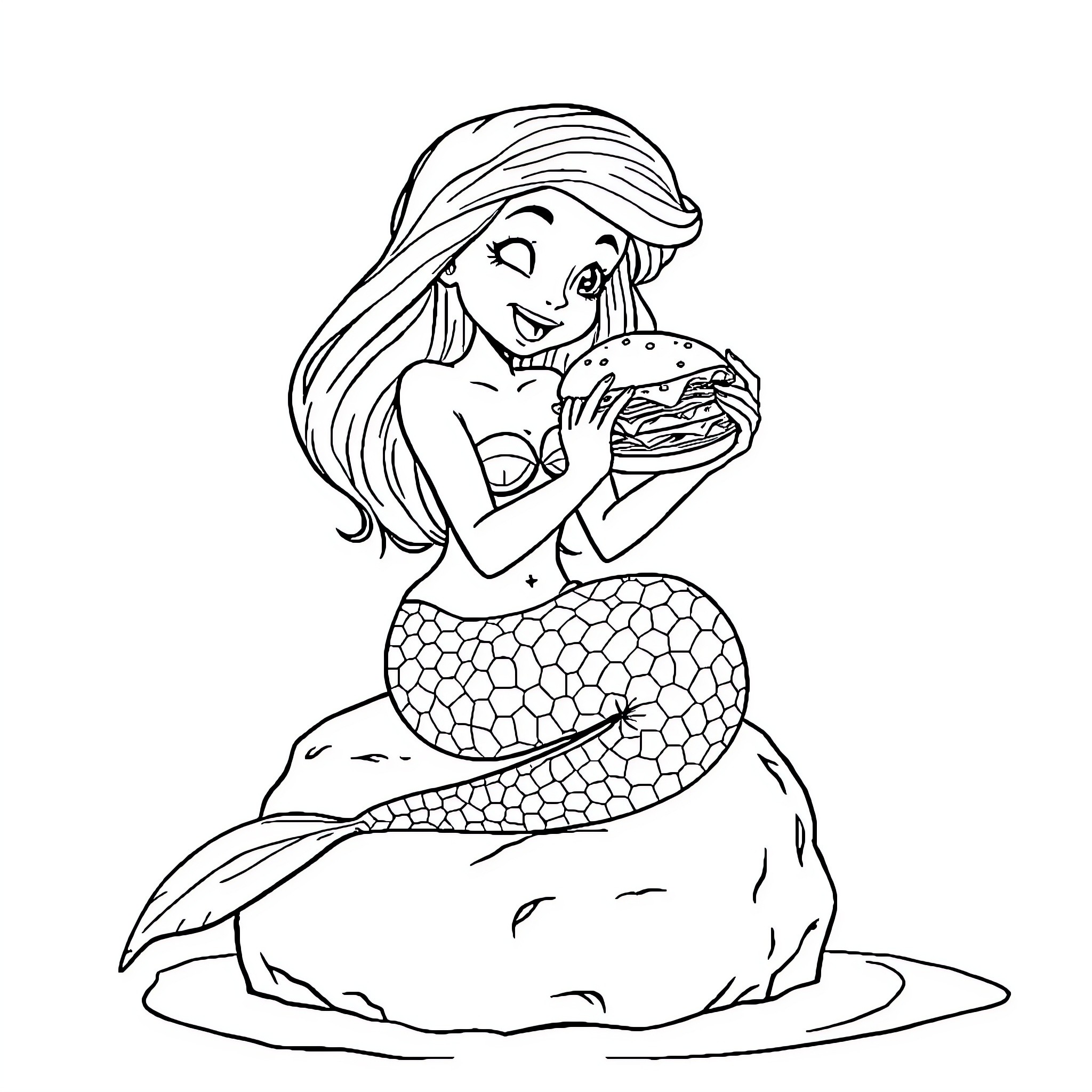 Mermaid admiring a treasure in the sea Coloring Page (free black-and-white line drawing printable PDF for all, from beginners to advanced learners, including children, teens, adults, and seniors)