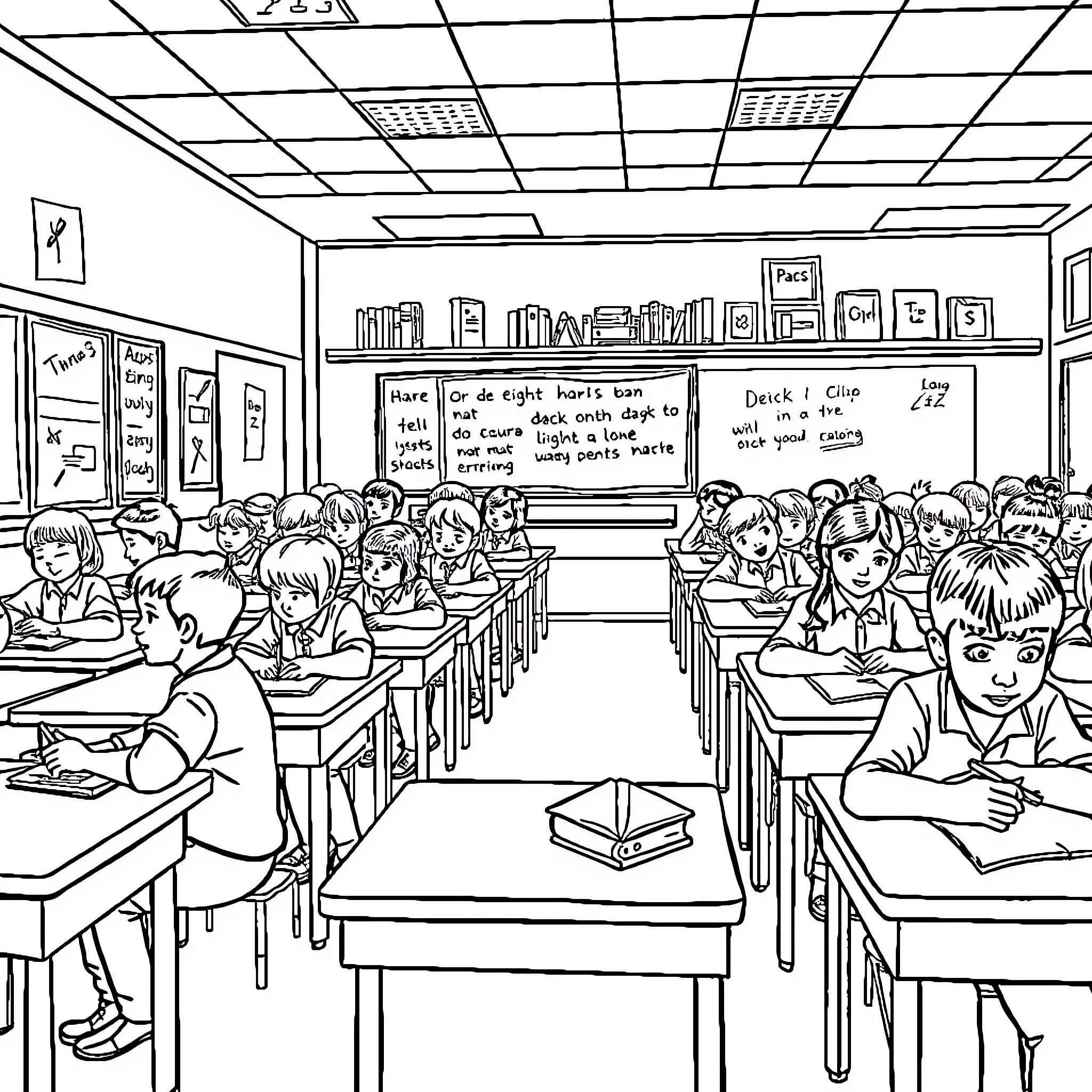 Pupil studying diligently in a classroom setting Coloring Page (free black-and-white line drawing printable PDF for all, from beginners to advanced learners, including children, teens, adults, and seniors)