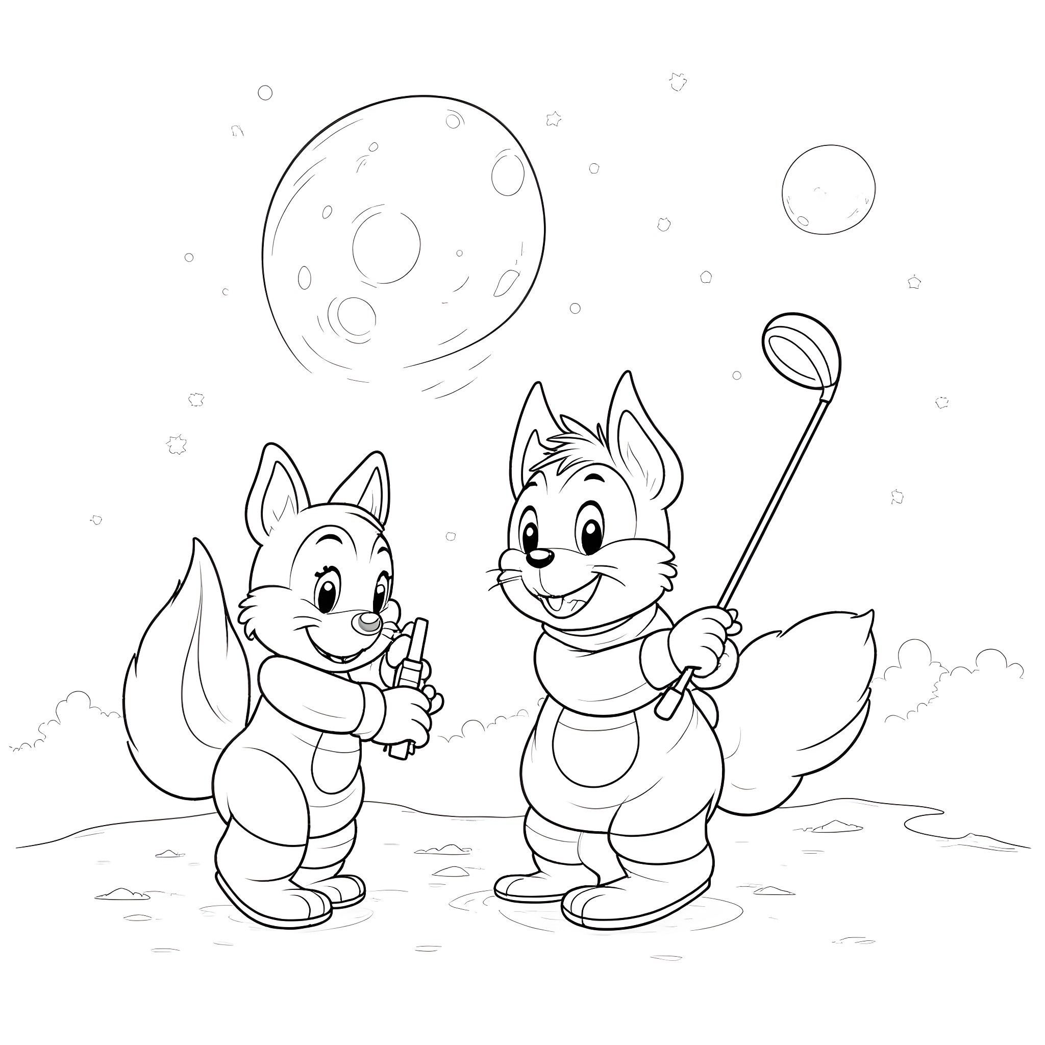 Chip and Dale playing happily with bubbles Coloring Page (free black-and-white line drawing printable PDF for all, from beginners to advanced learners, including children, teens, adults, and seniors)