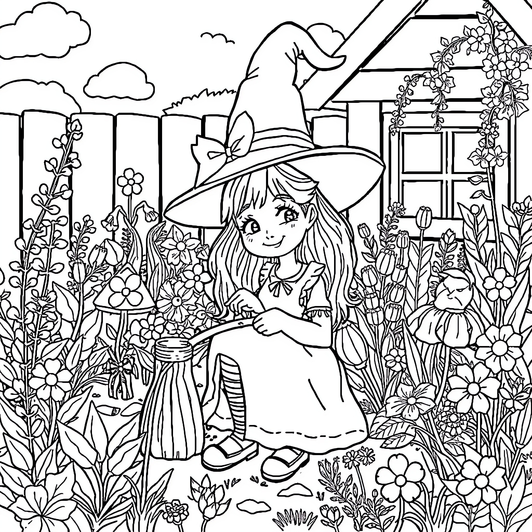 Witch tending to her magical garden Coloring Page (free black-and-white line drawing printable PDF for all, from beginners to advanced learners, including children, teens, adults, and seniors)