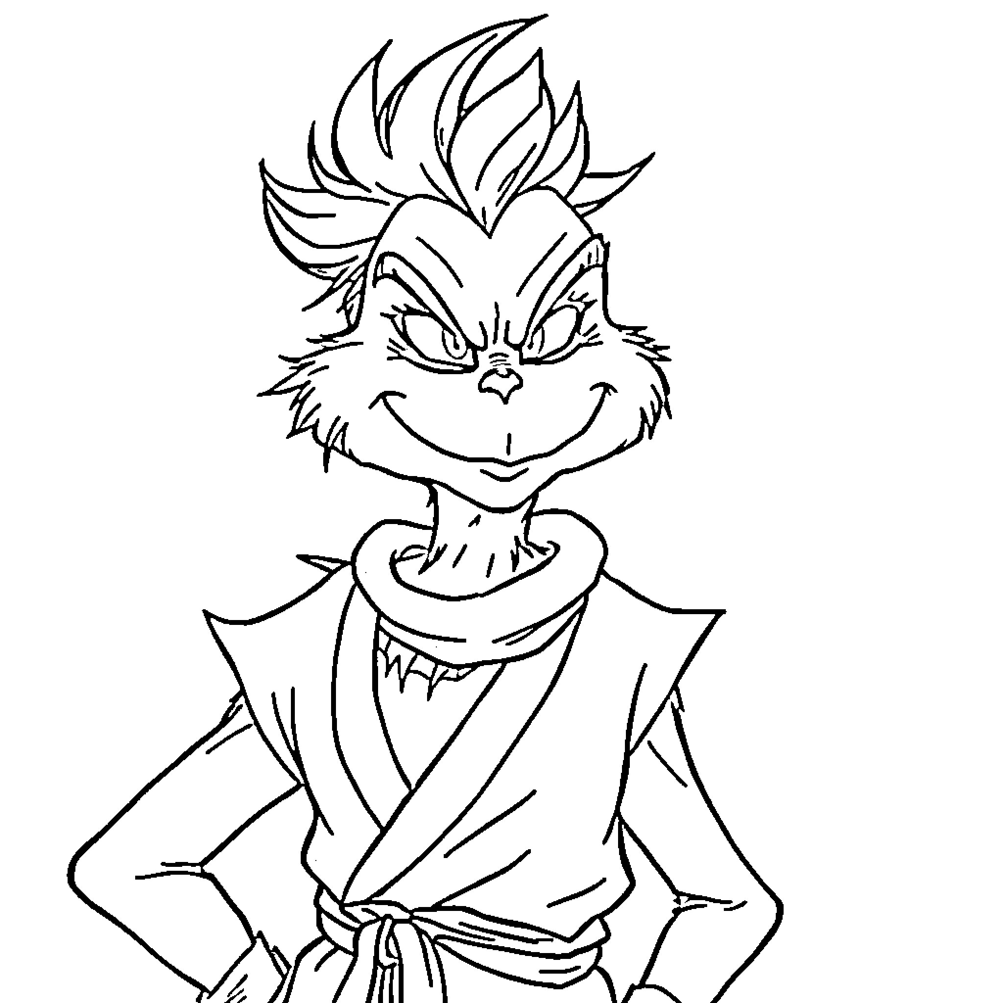 Grinch with mischievous expression in casual outfit Coloring Page (free black-and-white line drawing printable PDF for all, from beginners to advanced learners, including children, teens, adults, and seniors)