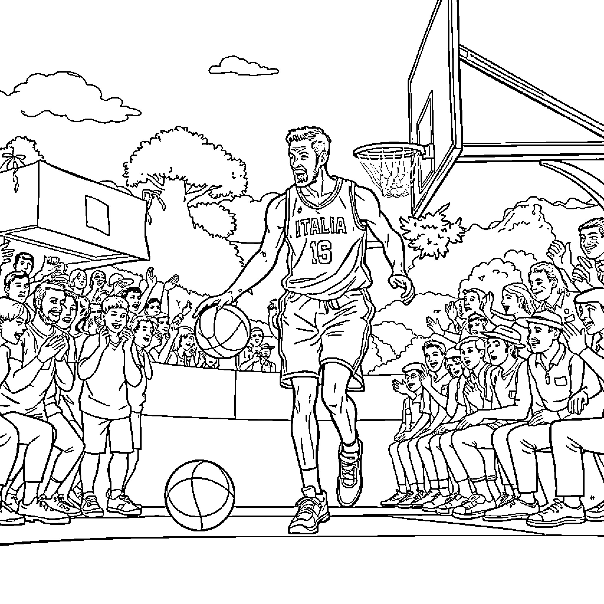 Basketball Player Performing Trick Shot in Outdoor Court Coloring Page (free black-and-white line drawing printable PDF for all, from beginners to advanced learners, including children, teens, adults, and seniors)