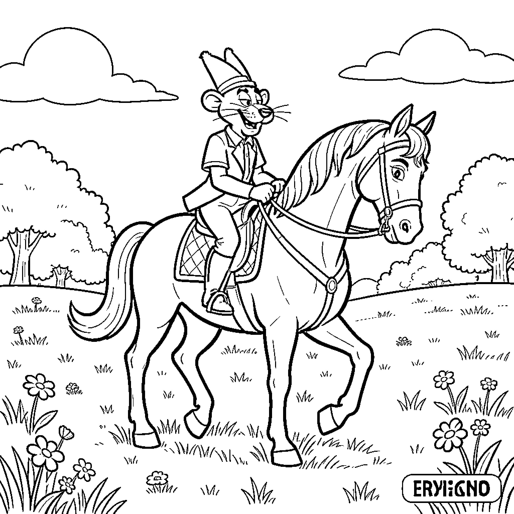 Pink Panther rides a horse through a grassy meadow Coloring Page (free black-and-white line drawing printable PDF for all, from beginners to advanced learners, including children, teens, adults, and seniors)