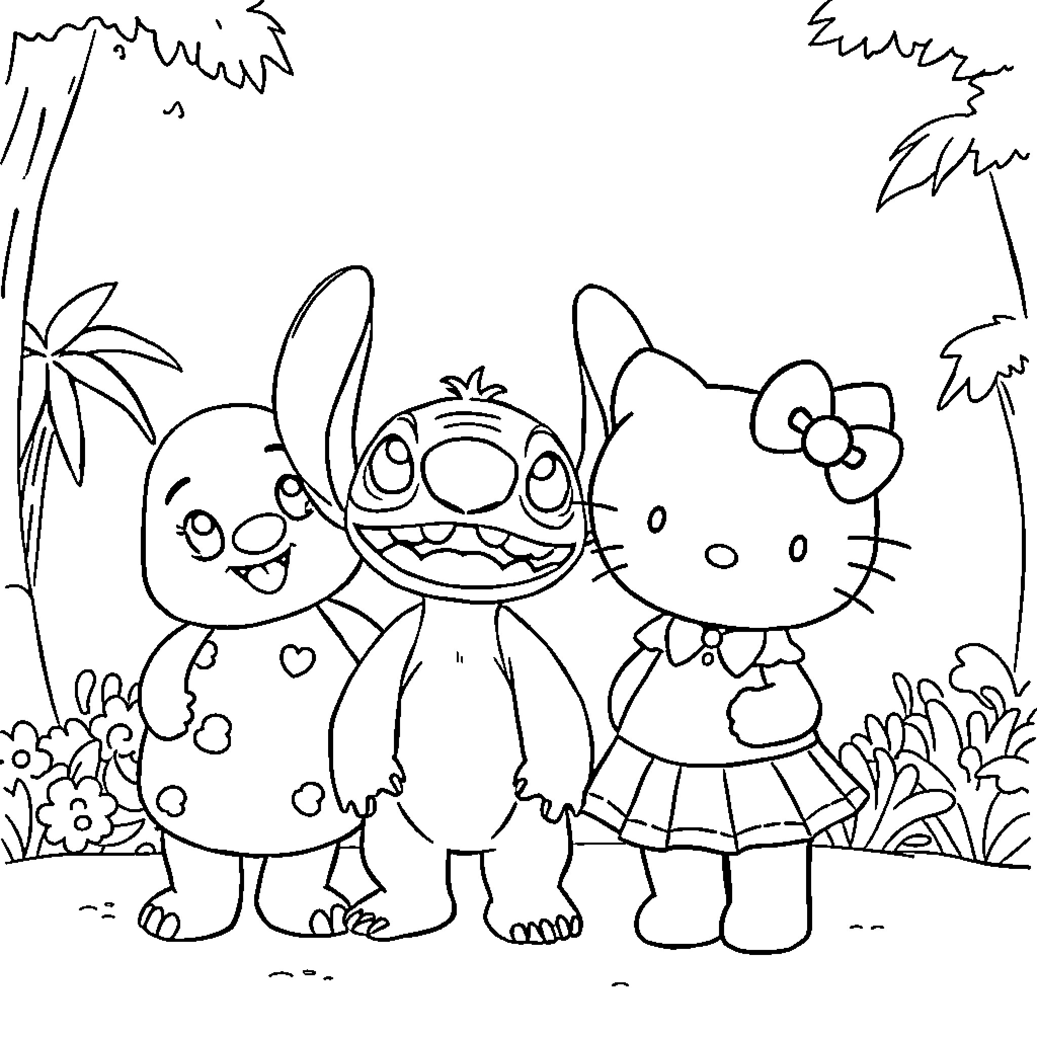KORUMI with Stitch and Hello Kitty smiling together Coloring Page (free black-and-white line drawing printable PDF for all, from beginners to advanced learners, including children, teens, adults, and seniors)